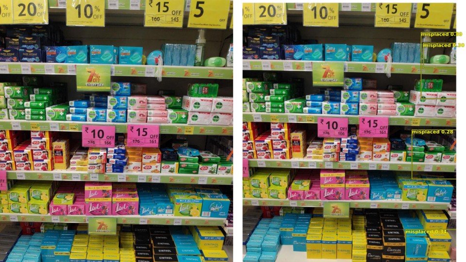 Original image (L) — Our model identifying misplaced products (R)