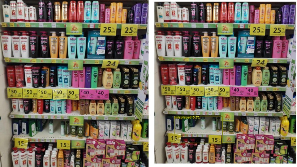 Original image (L) — Our model identifying misplaced products (R)