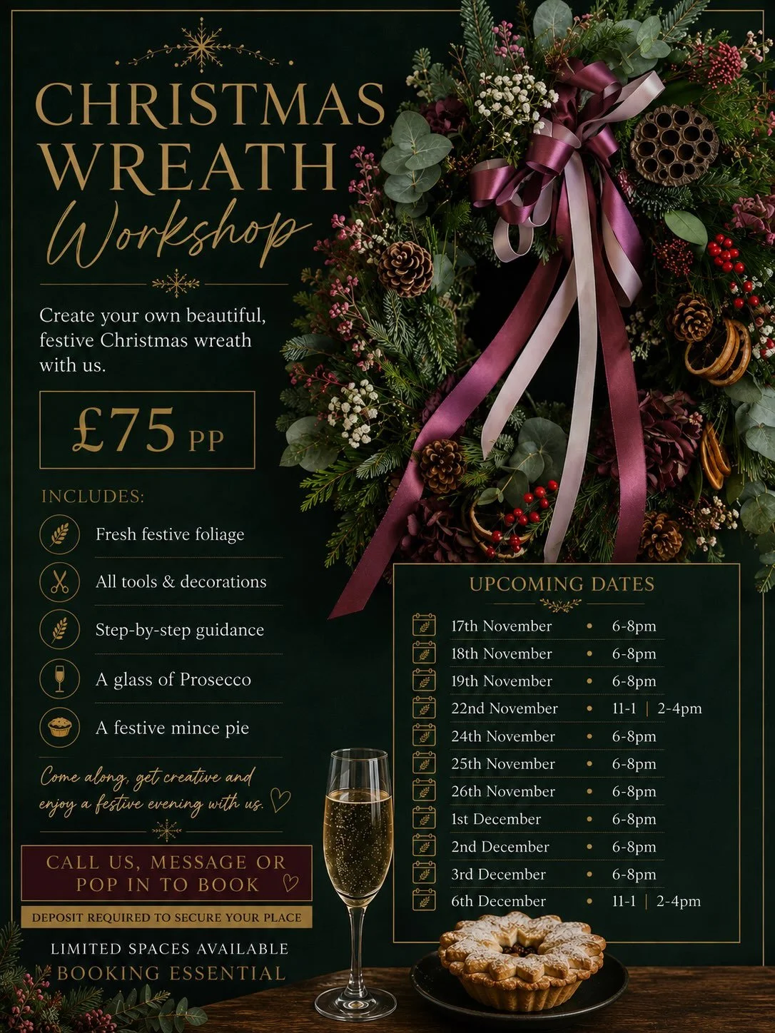 🎄 CHRISTMAS WREATH WORKSHOPS ARE NOW AVAILABLE TO BOOK🎄

Join us this Christmas to create your own beautiful festive wreath, with plenty of seasonal foliage, decorations and ribbons to choose from.

&pound;75 per person, including:
✨ All foliage, t