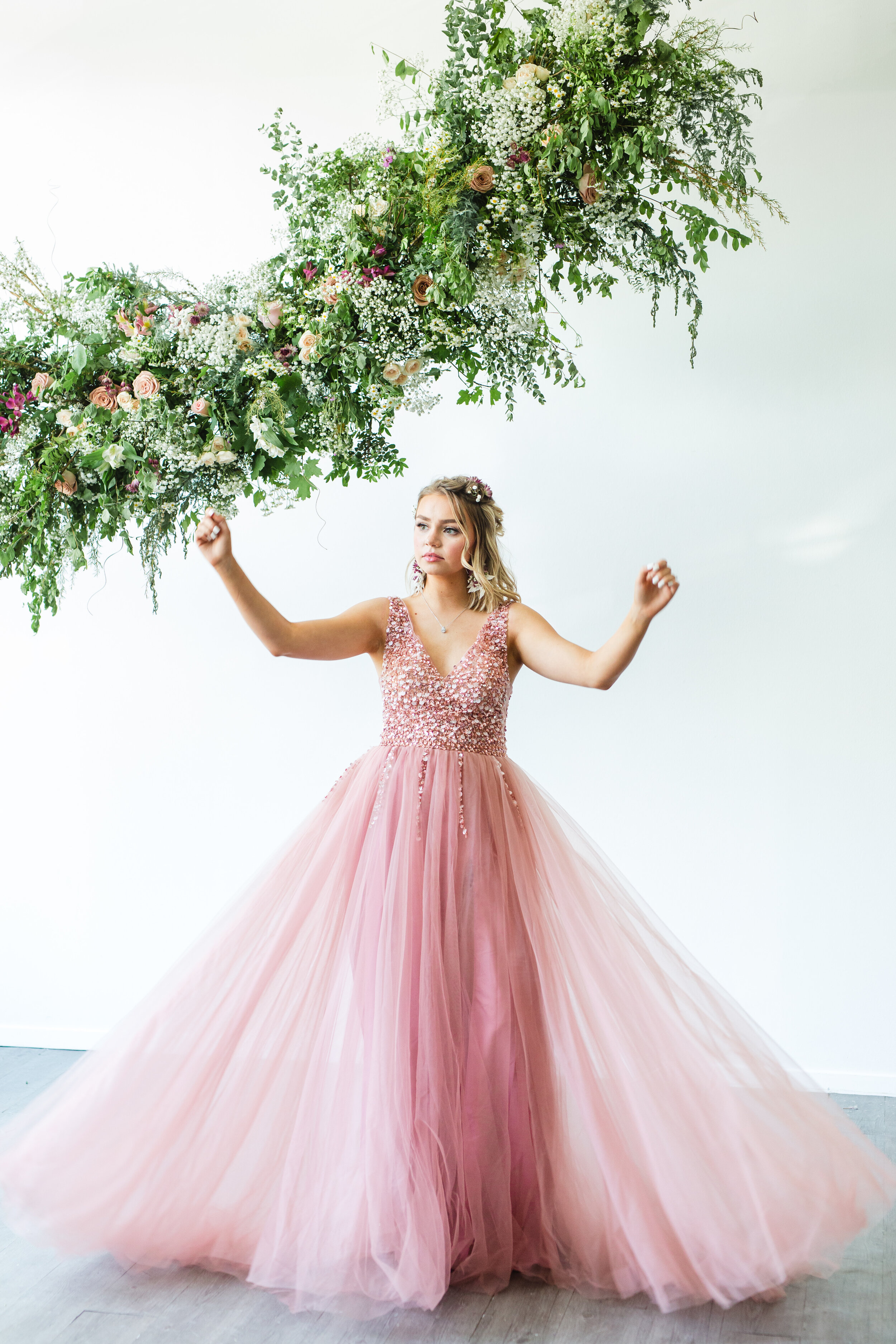  Logan, Utah’s Sweet Afton Floral created ornate wine red and green hanging floral installment for this stylized shoot. professional cache valley utah event floral designer, floral design installment, pink prom dress, pink v-neck gala dress, braided 