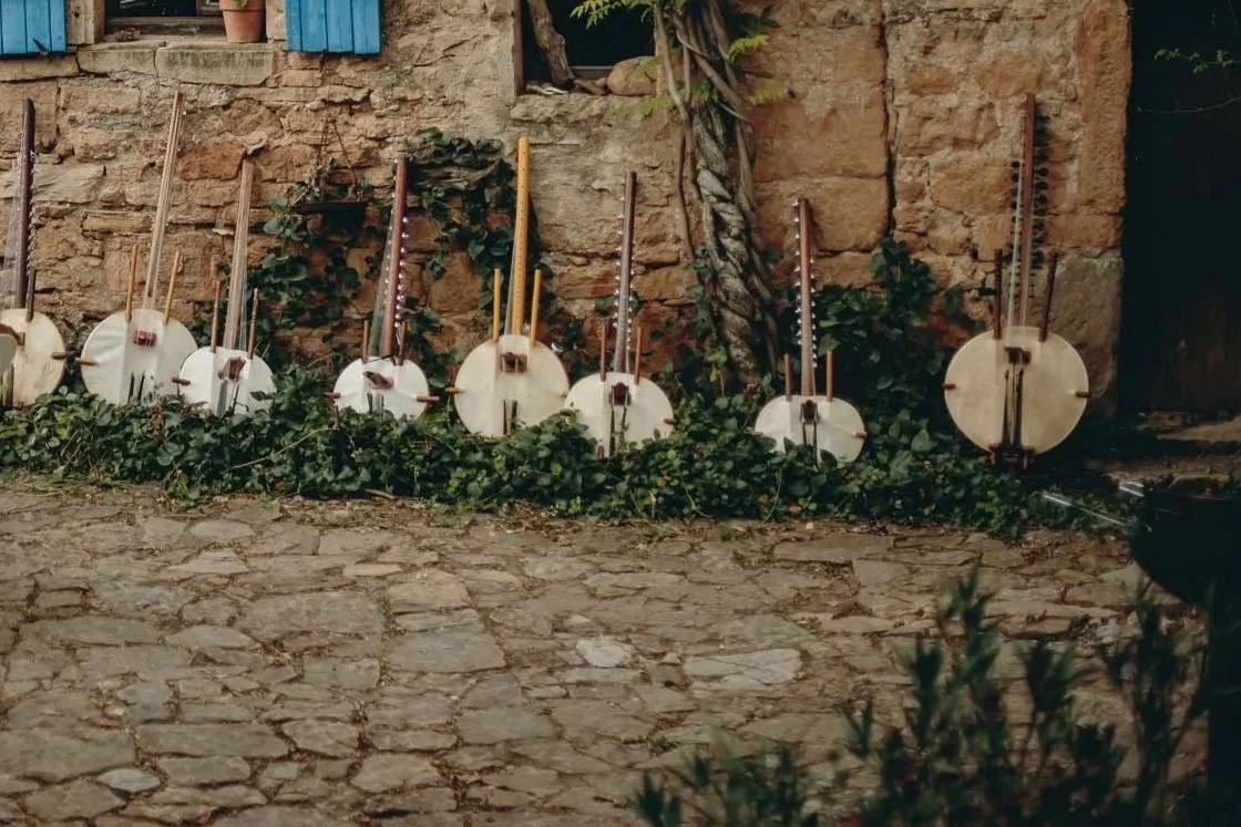 Koras used in Josh Doughty’s workshops, lined up against a stone wall covered in ivy near Colmar, France — showing the beauty and craftsmanship of traditional West African instruments.