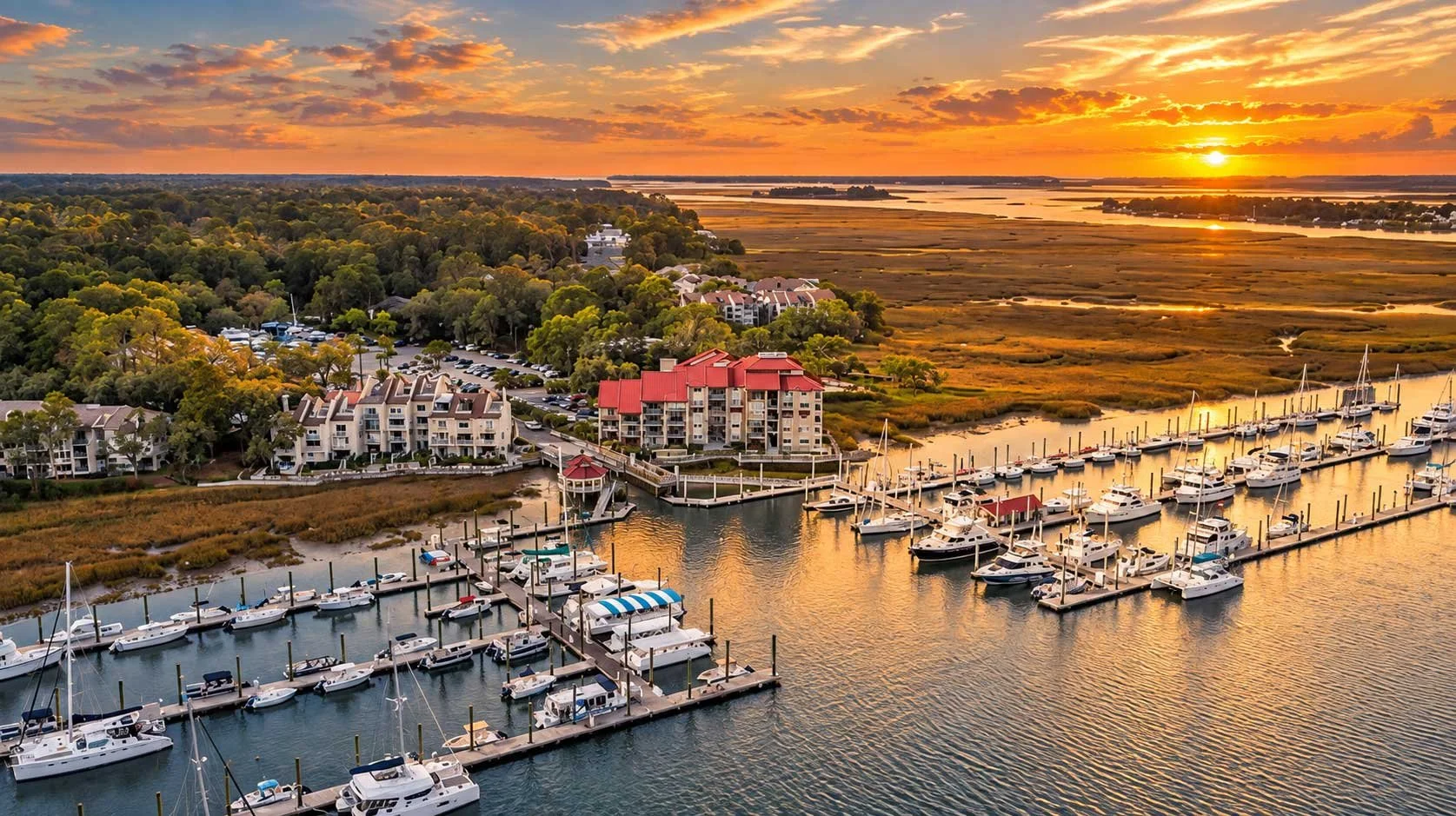 palmetto bay marina at sunset in hilton head island sc
