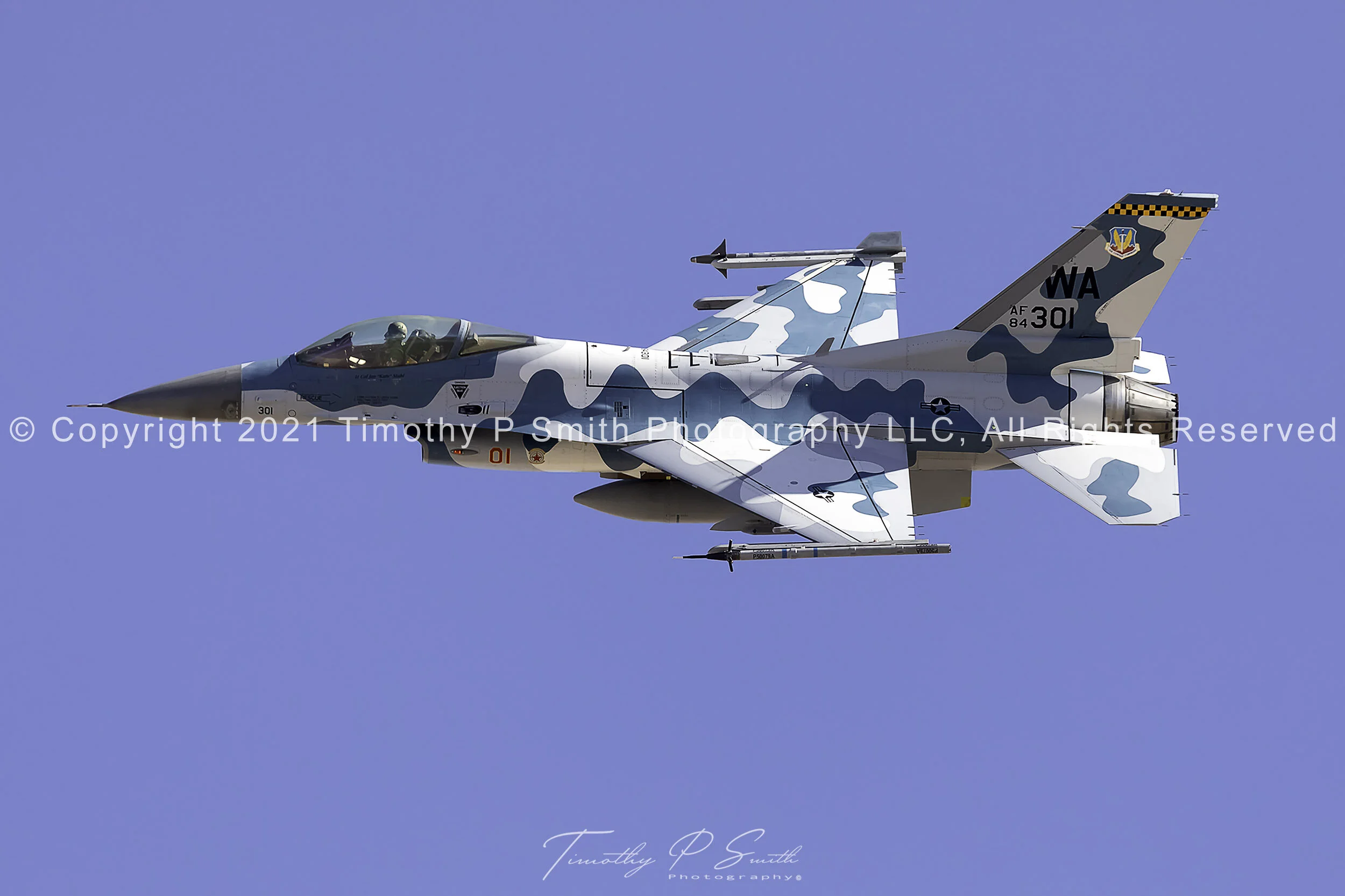 F-16 “Blizzard” of the 64th Aggressor Squadron departing Nellis AFB in Su-30MKI-inspired camouflage