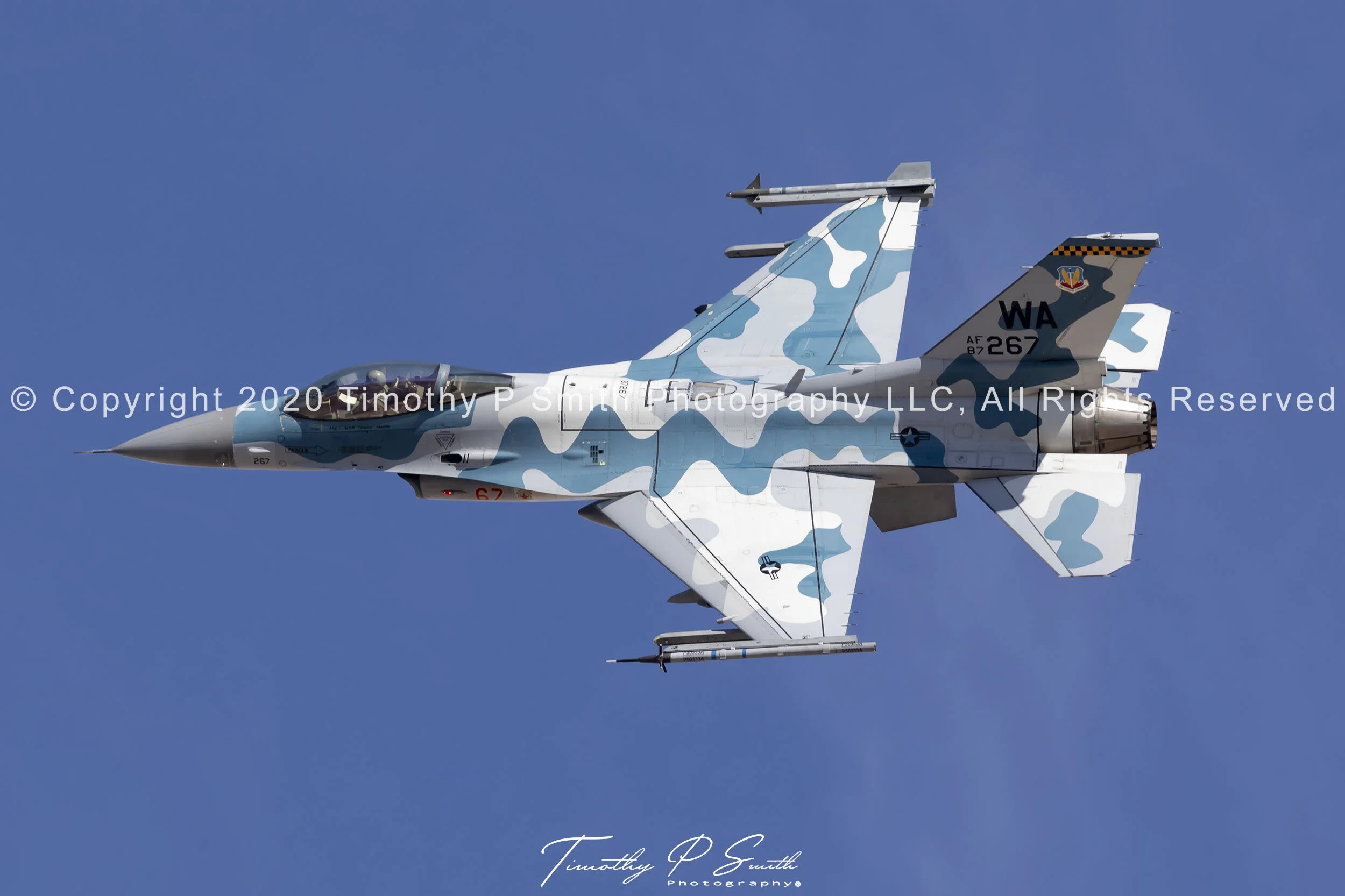 F-16C “Blizzard” of the 64th Aggressor Squadron in flex departure from Nellis AFB, painted in Su-30MKI-inspired camouflage