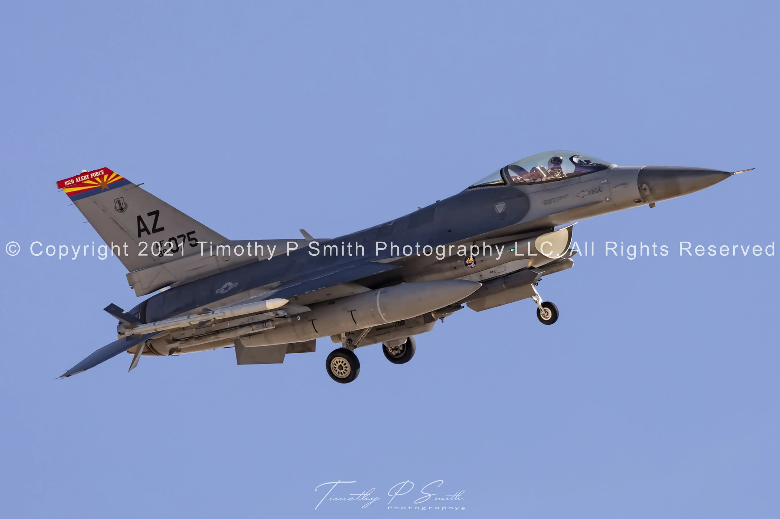 F-16C S/N 88-0439 with 162nd Fighter Wing markings, landing gear down during Red Flag 20-1.