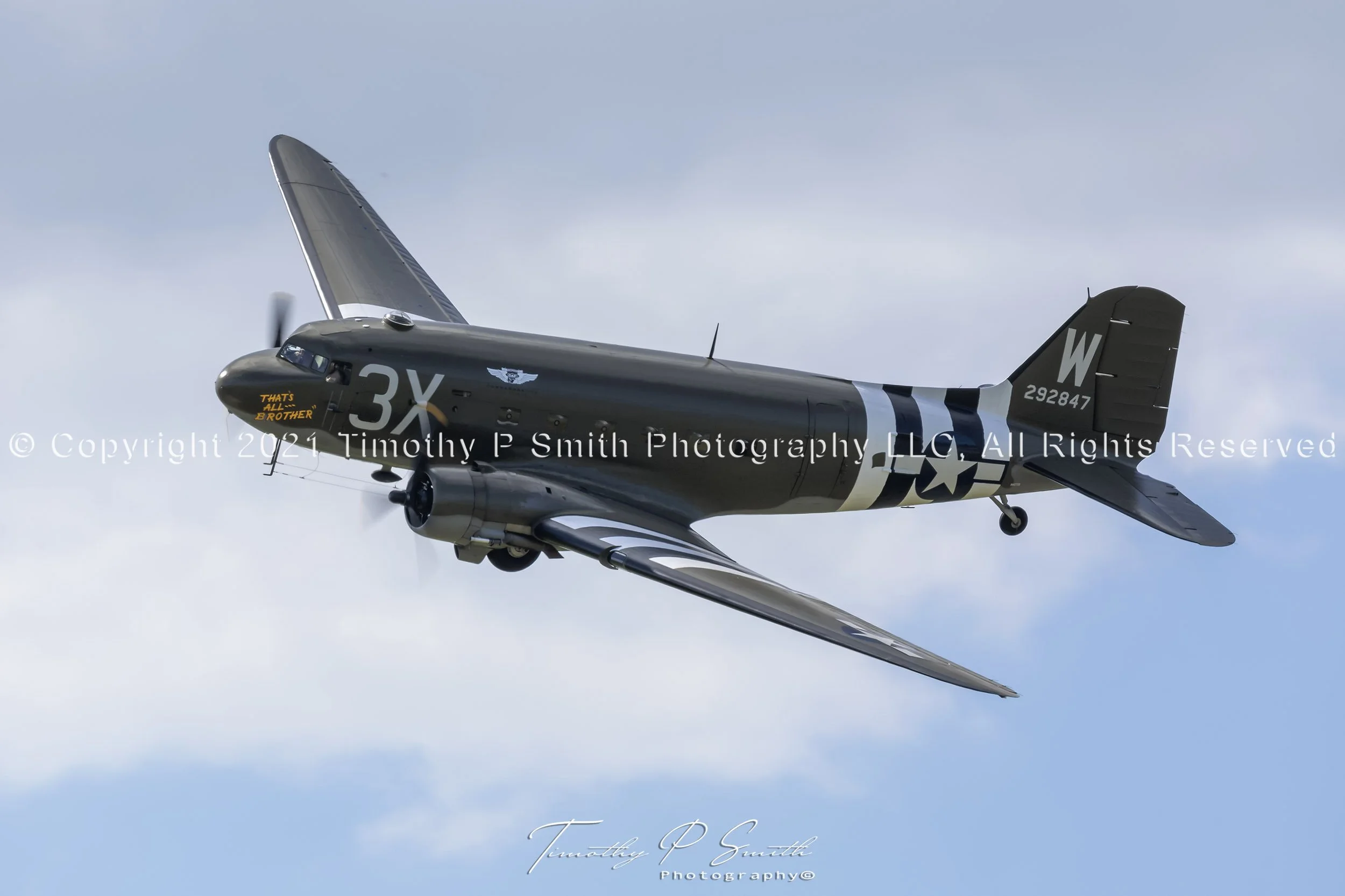 Douglas C-47 Skytrain ‘That’s All, Brother’ flying over New Orleans Lakefront at 2018 WWII Festival, photographed by Timothy Paul Smith