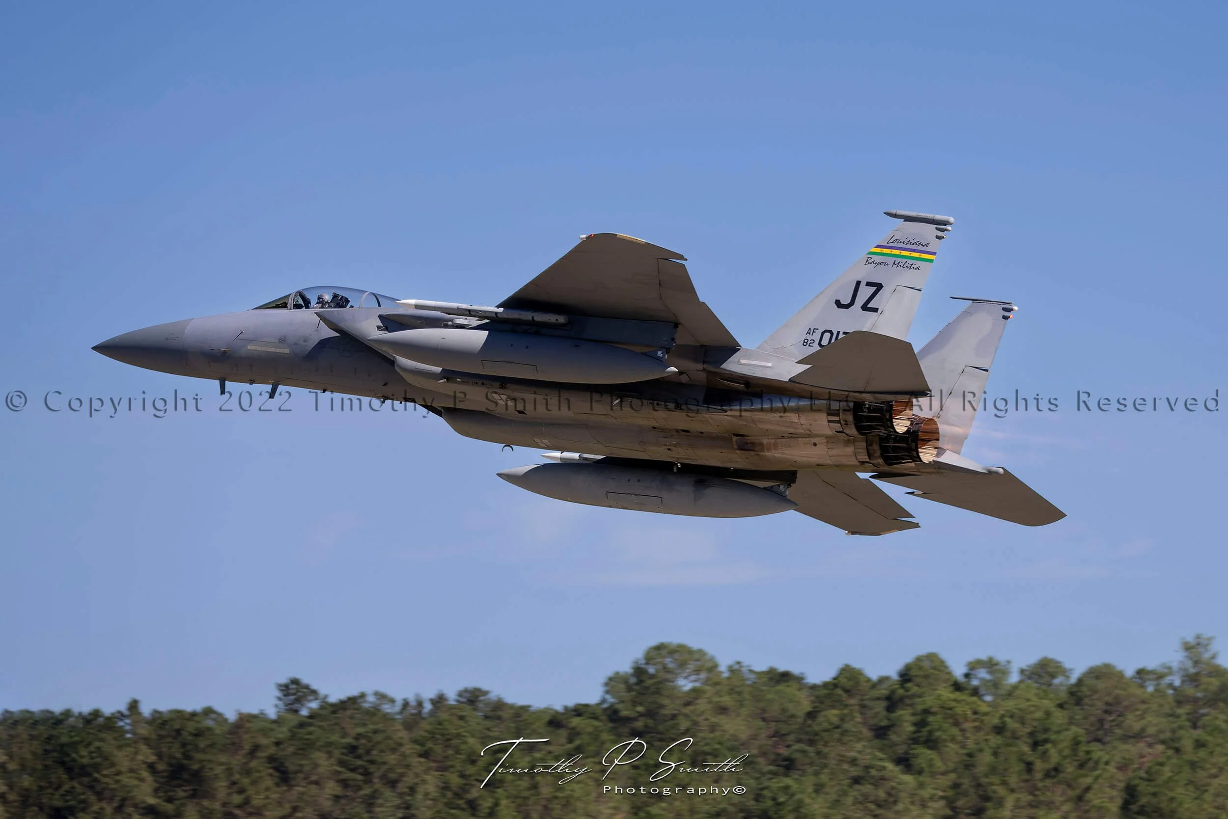 F-15C Eagle 82-017 afterburner fly-by – Louisiana Air National Guard Bayou Militia print by Timothy Paul Smith