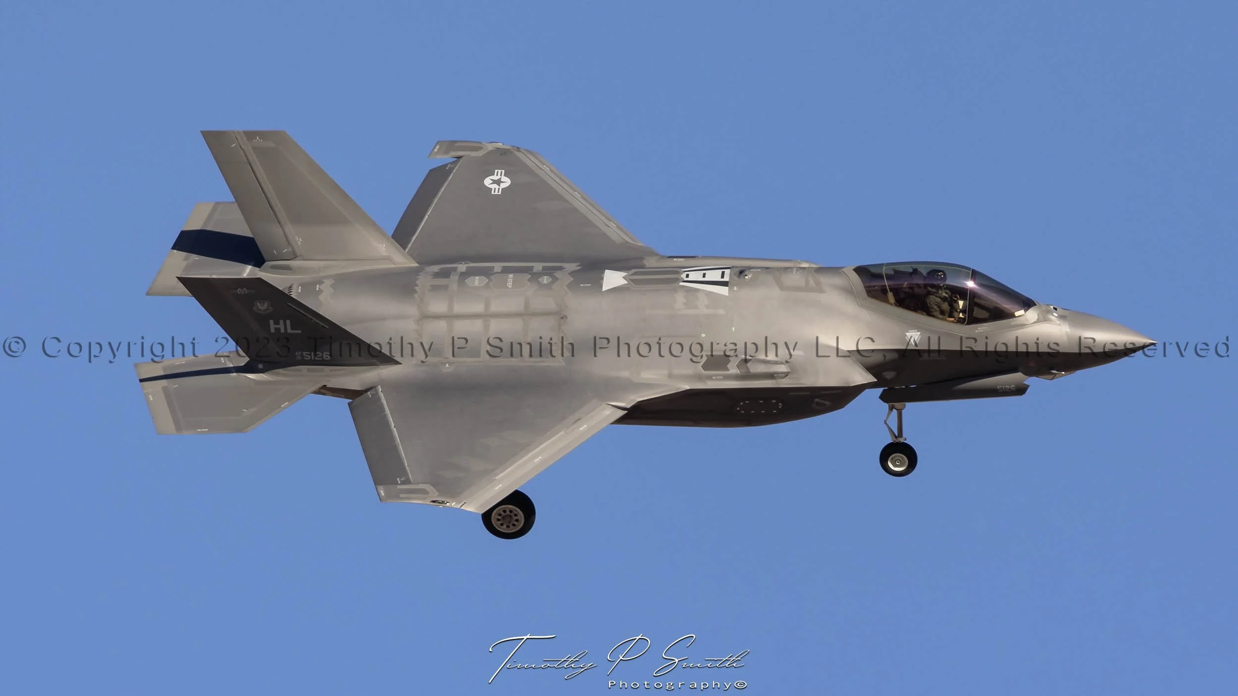 F-35A “Widow 11” from the 421st Fighter Squadron “Black Widows” banking into landing approach at Nellis AFB during Red Flag 20-1.