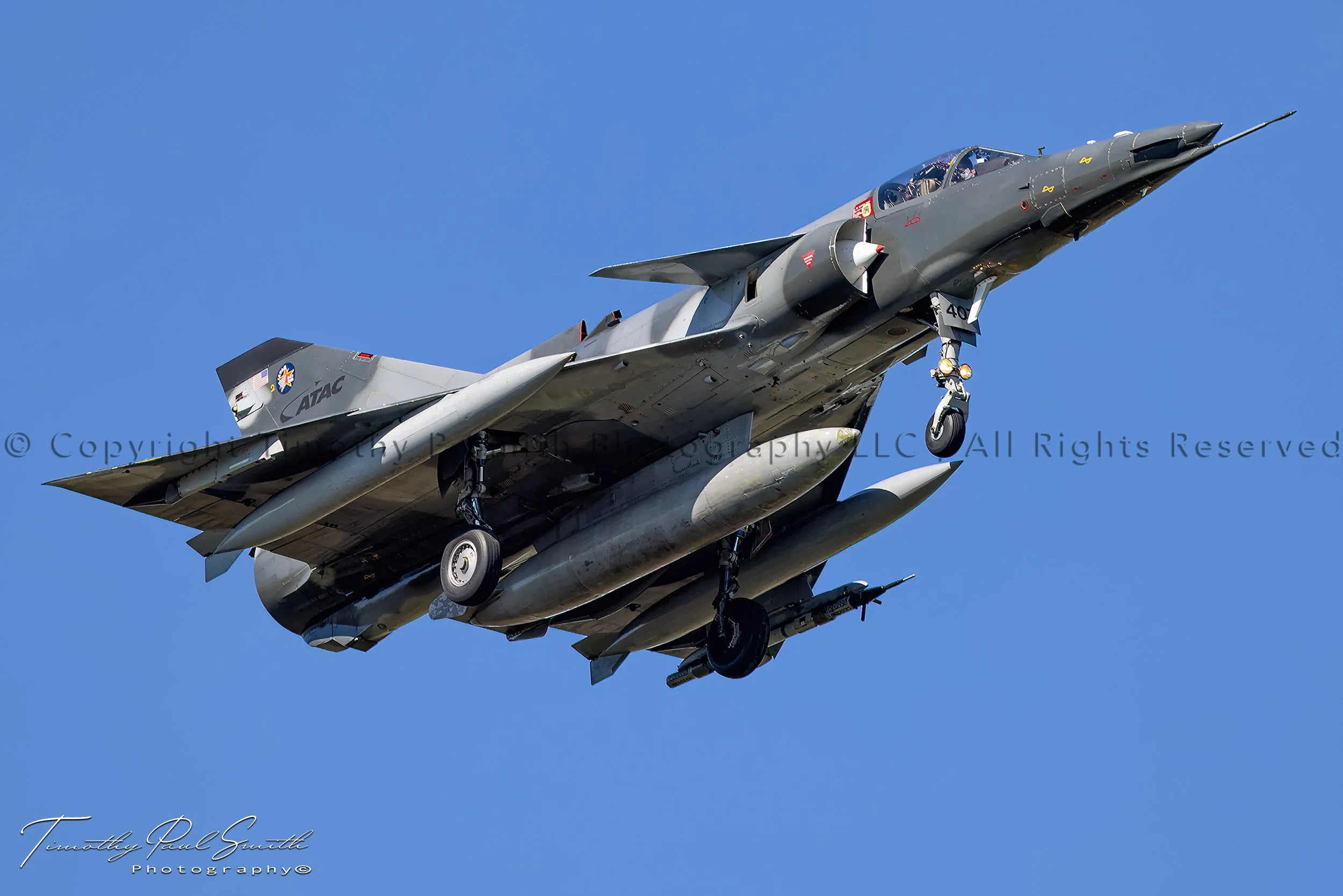 ATAC IAI F-21A Kfir aggressor jet N407AX on final approach over NAS JRB New Orleans in Belle Chasse, Louisiana.