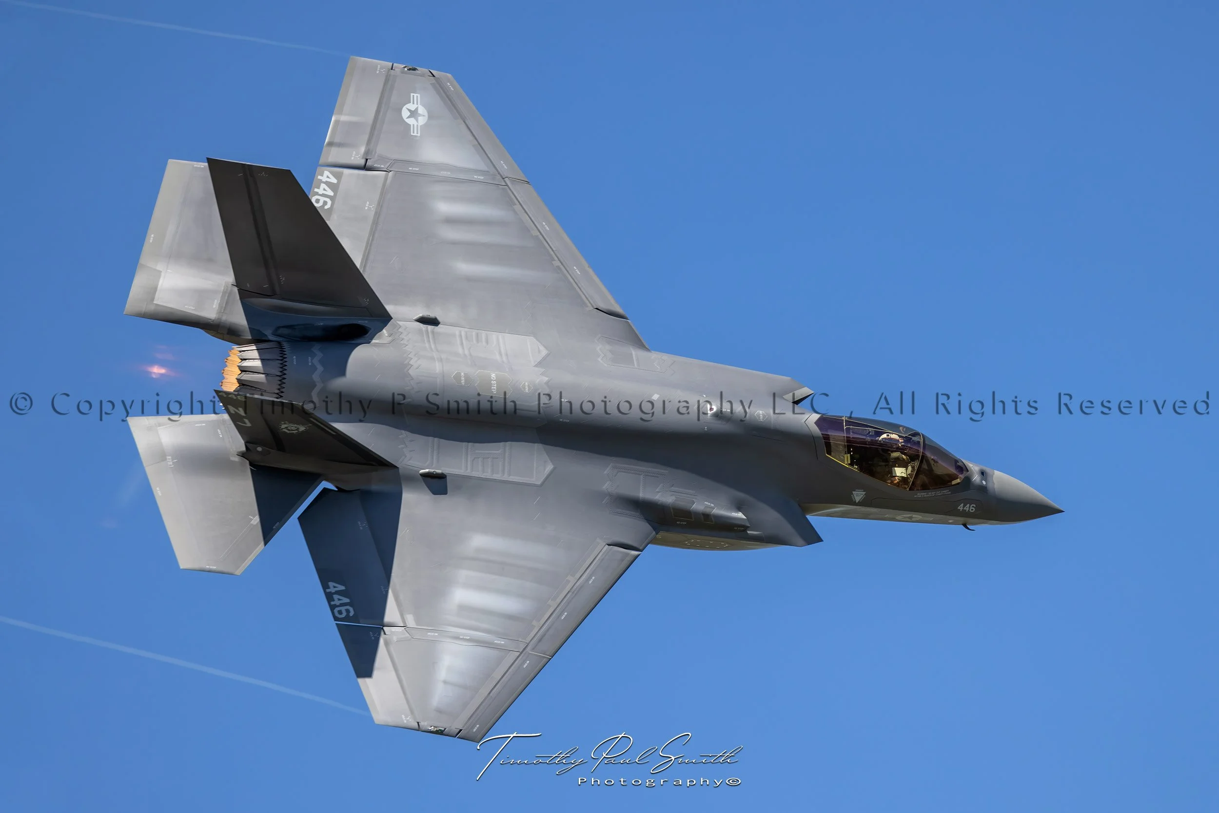 LT Bryan 'Willy' Golonka performing a low-altitude sneak pass in an F-35C Lightning II during the 2022 New Orleans Air Show at NAS JRB New Orleans.