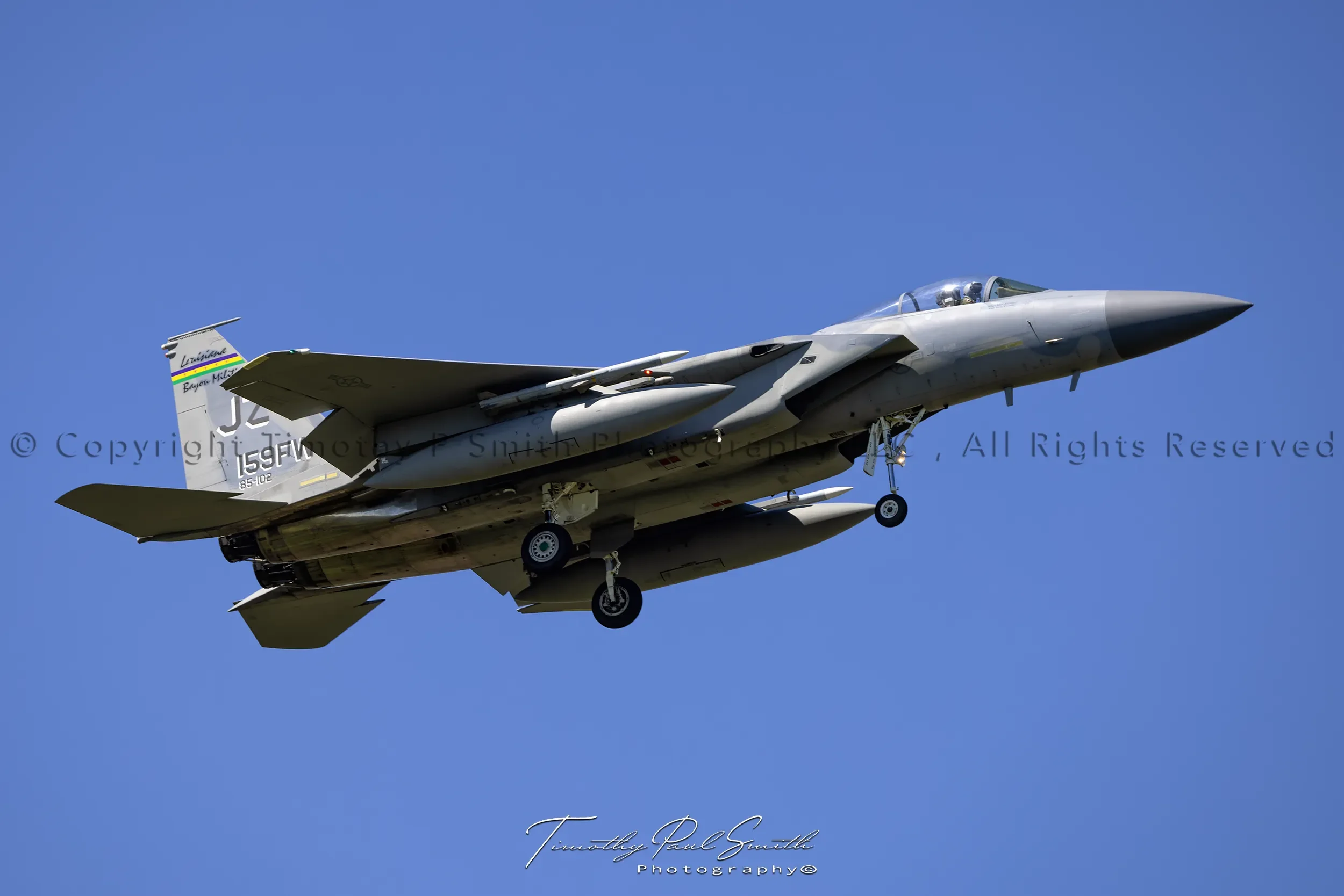 F-15C Eagle “Gulf Spirit” 85-0102 Tri-Mig killer landing approach – Louisiana Air National Guard print by Timothy Paul Smith