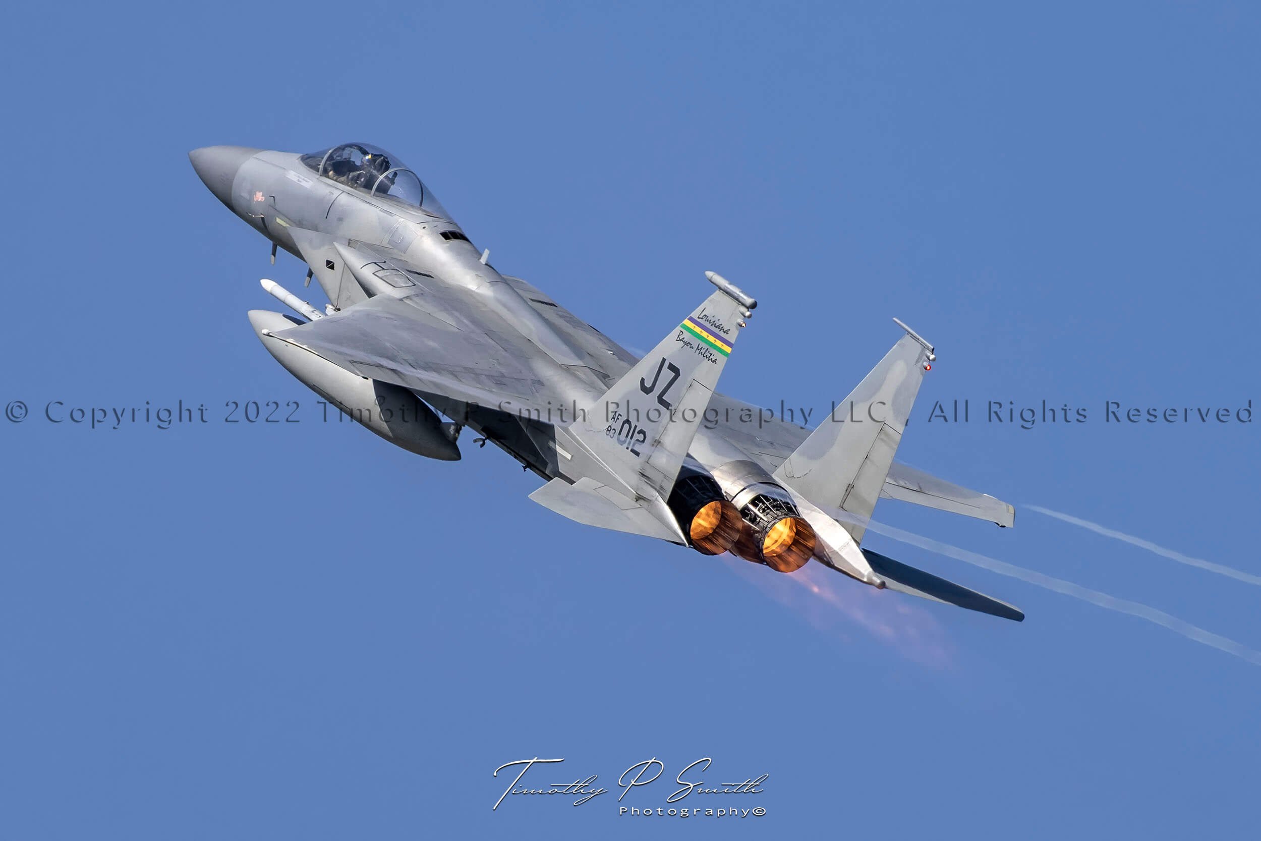 F-15C Eagle 83-012 Mardi Gras tail flash afterburner climb print by Timothy Paul Smith