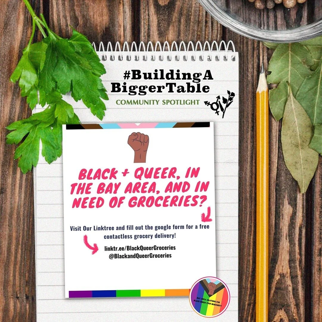 💡 COMMUNITY SPOTLIGHT 💡⠀⠀⠀⠀⠀⠀⠀⠀⠀
&bull;⠀⠀⠀⠀⠀⠀⠀⠀⠀
&bull;⠀⠀⠀⠀⠀⠀⠀⠀⠀
&bull;⠀⠀⠀⠀⠀⠀⠀⠀⠀
Happy Friday, fam! We're thrilled to kick off the weekend with #BuildingABiggerTable, a new weekly series on our IG that spotlights other orgs &amp; collectives doing that good ass work for Black Trans lives. ⠀⠀⠀⠀⠀⠀⠀⠀⠀
&bull;⠀⠀⠀⠀⠀⠀⠀⠀⠀
For our first feature, we're shouting out @blackandqueergroceries, who are supporting our community's nourishment out on the west coast. "Bay Area Solutions for Black Queer Food Insecurity"! You can donate or sign up by clicking the link in their bio. Venmo/Cashapp: BlackQueerGroceries. 🏳️&zwj;🌈✊🏾⠀⠀⠀⠀⠀⠀⠀⠀⠀
&bull;⠀⠀⠀⠀⠀⠀⠀⠀⠀
And don't forget, every Friday while this is happening on our feed, our #OkraPurse IG story will also highlight up to 25 Black Trans folks in need of support. If you have resources to redistribute, schedule us into your week, because real support is long-term &amp; sustained. Engage, give, &amp; share! XO, jae