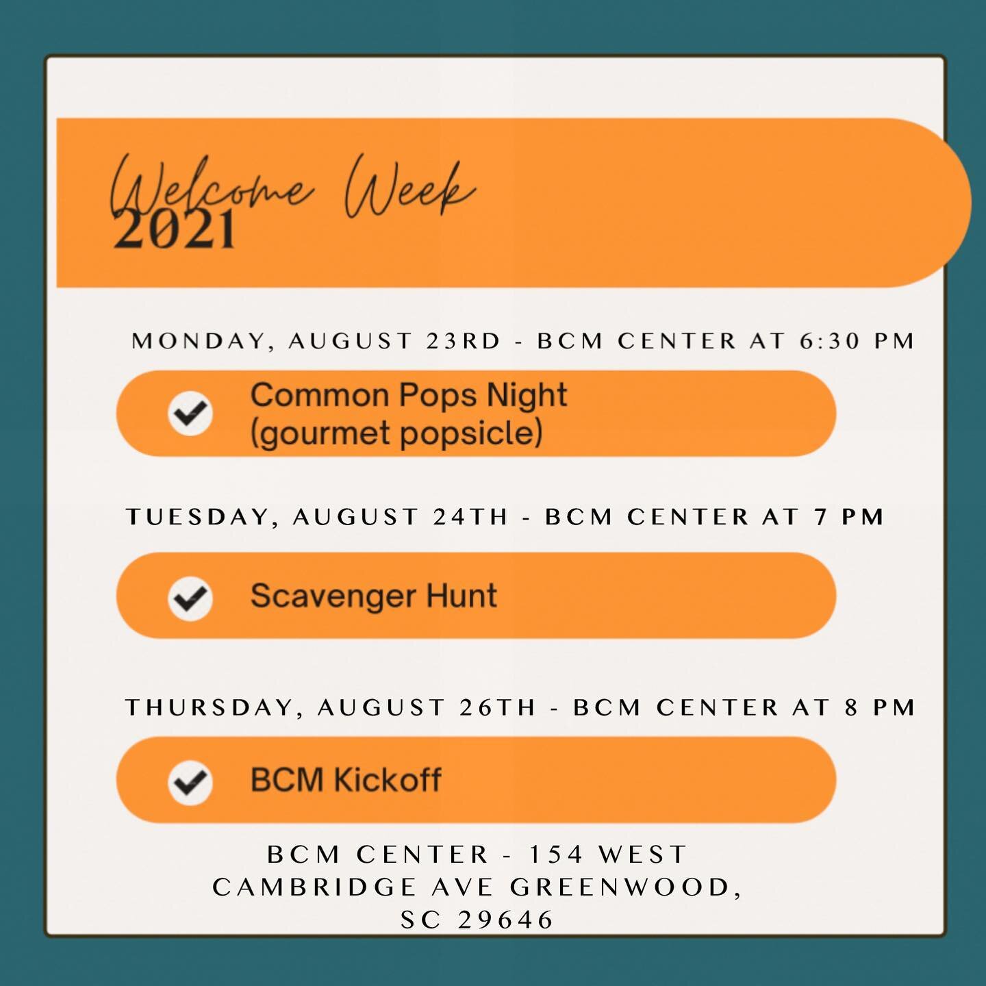 Guess what time it is??? Time for welcome week!!! We would love for you all to join us this week for some fun events at BCM! Can&rsquo;t wait to see you!!!