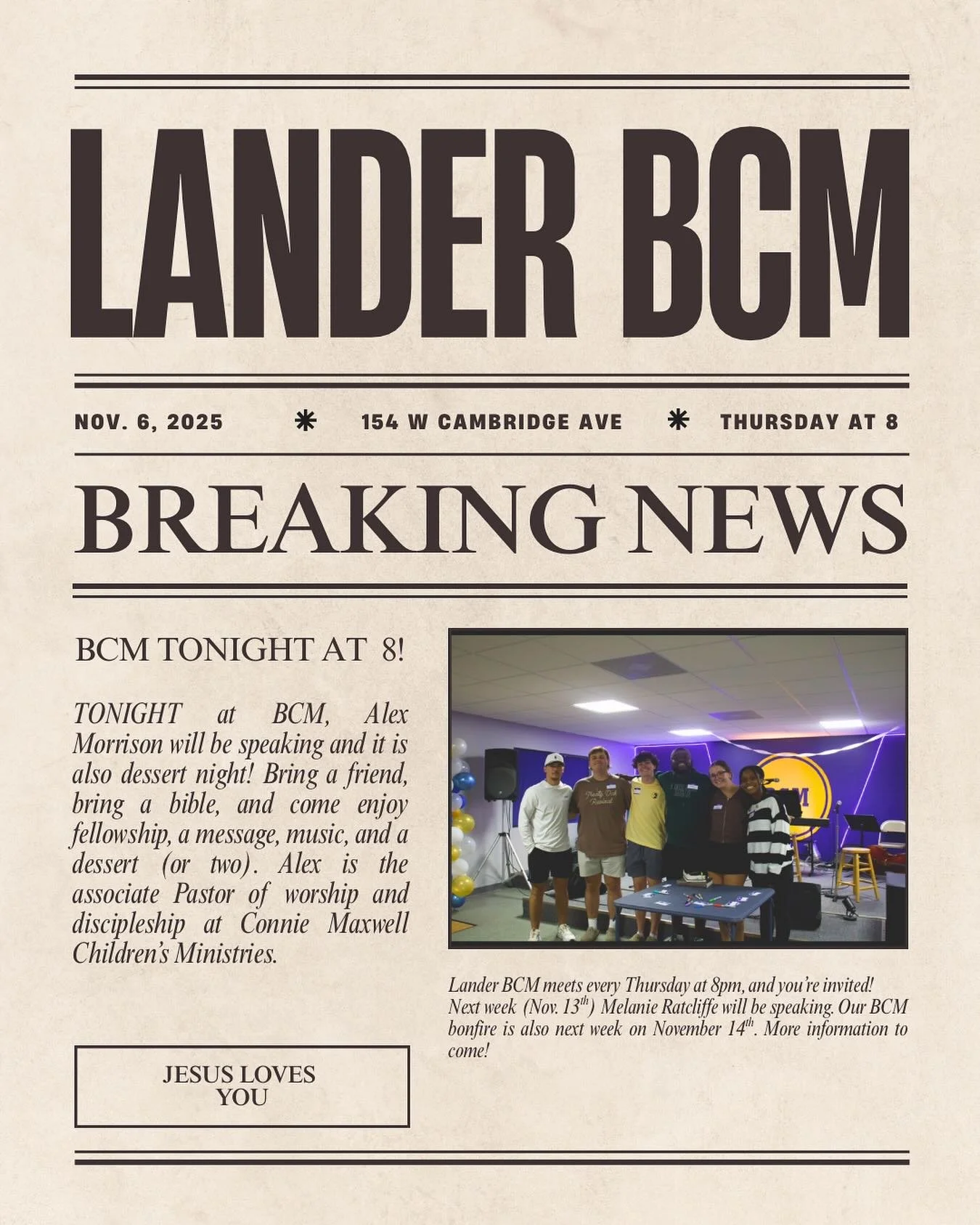 BCM TONIGHT AT 8🚨📰
-
alex morrison will be speaking and it&rsquo;s also dessert night and you will NOT want to miss!!!! 
-