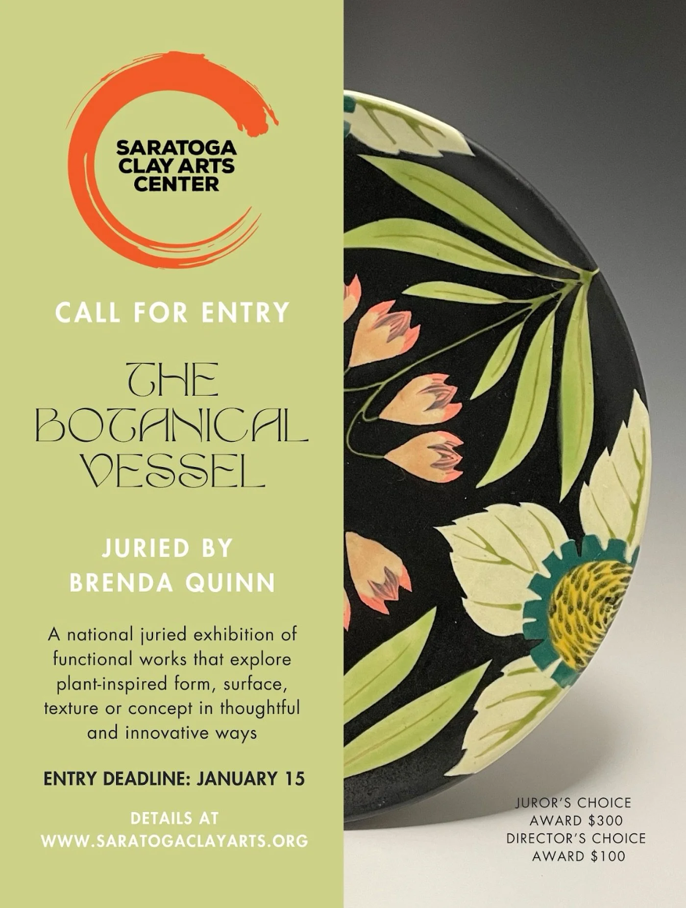 Saratoga Clay Arts Center seeks submissions for its 7th annual national juried exhibition,  The Botanical Vessel, to be juried by New York potter Brenda Quinn @bquinnpottery ).

For millennia, ceramic artists across cultures have looked to the natura