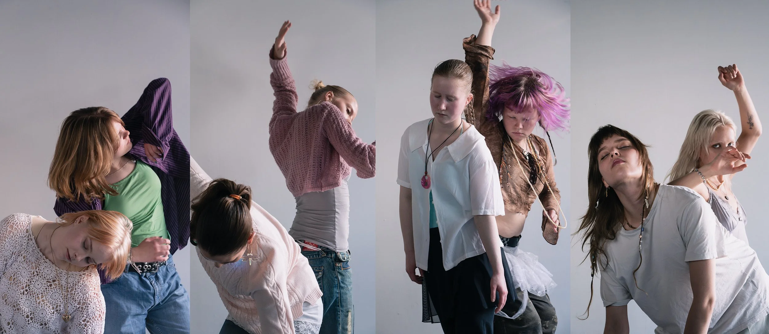 Promokuva Marloin Moilasen teoksesta Z zz. Kuvakollaasissa yhteensä kahdeksan tanssijaa valkoista taustaa vasten. Heillä on pastellinsävyiset vaatteet, koruja ja silmät kiinni. Vain yhdellä katse kameraan.