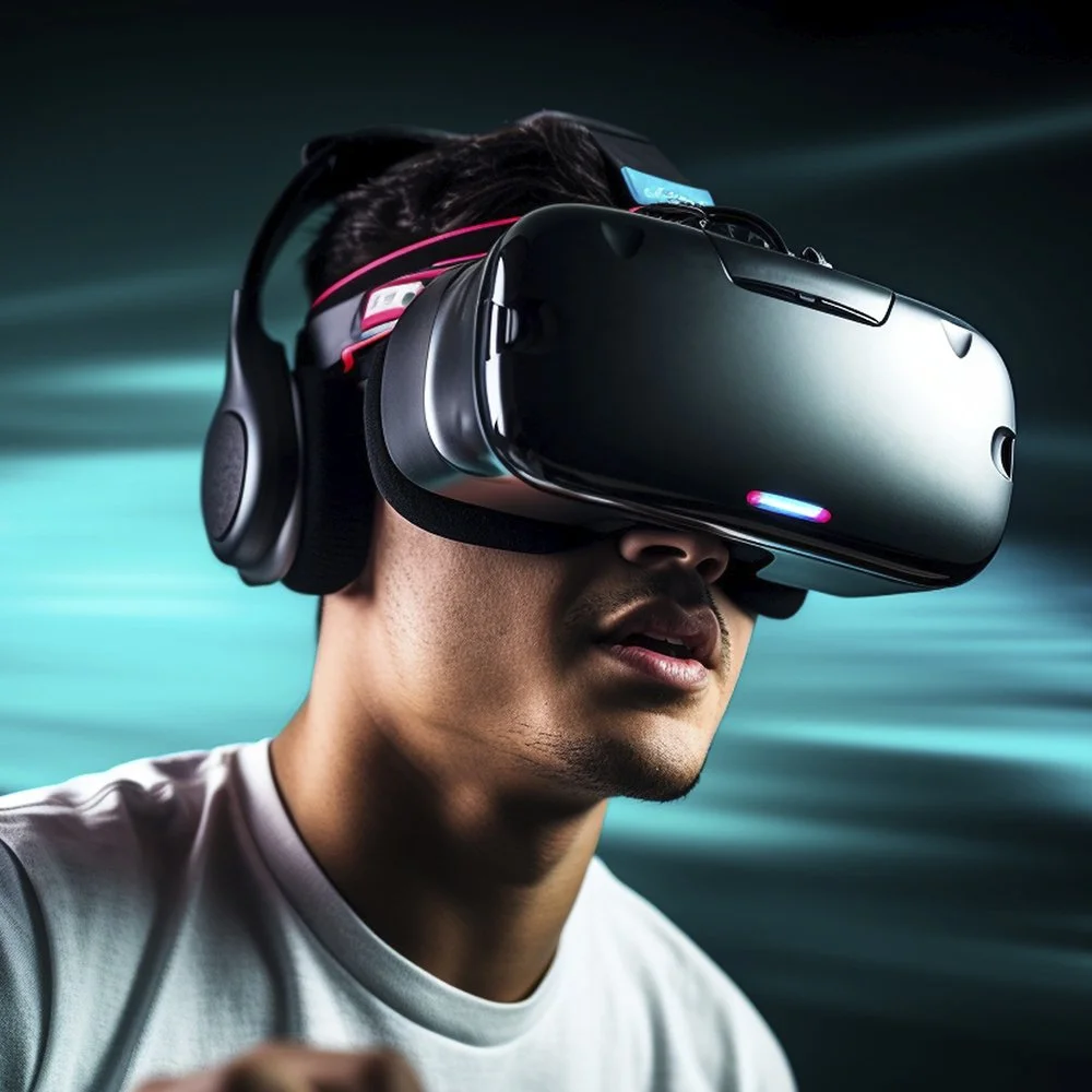 Persona usando un visor de realidad virtual como nueva tecnología para rehabilitaciòn vestibular.
