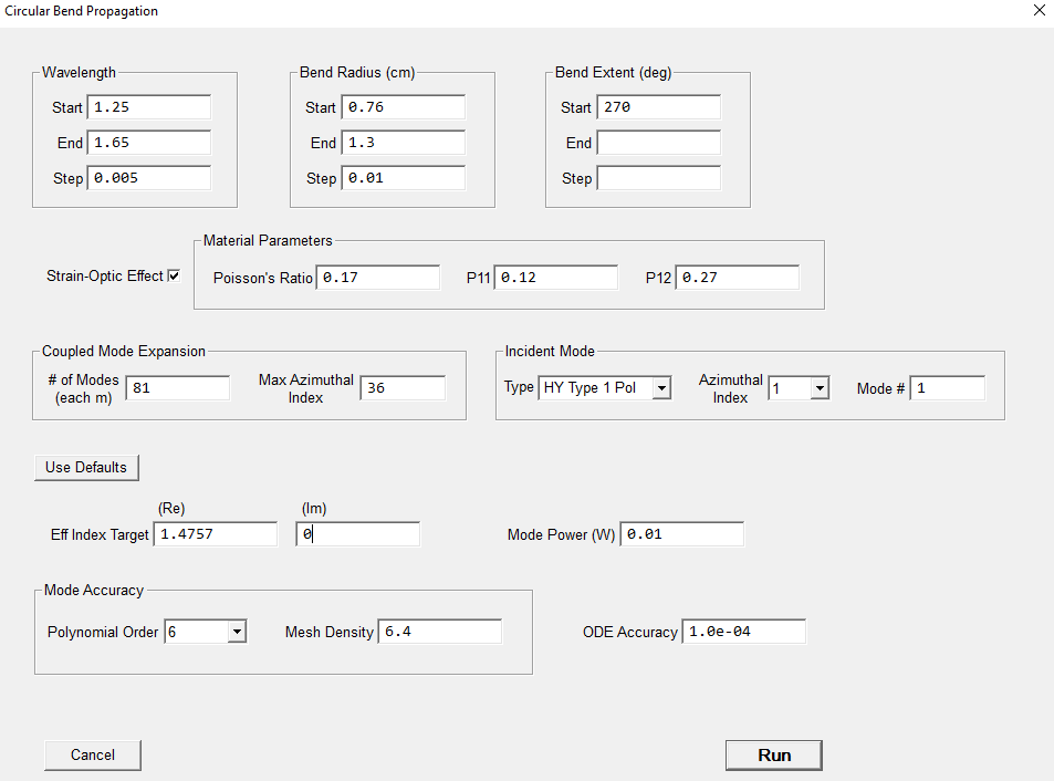 The dialog for control of the circular bend propagation