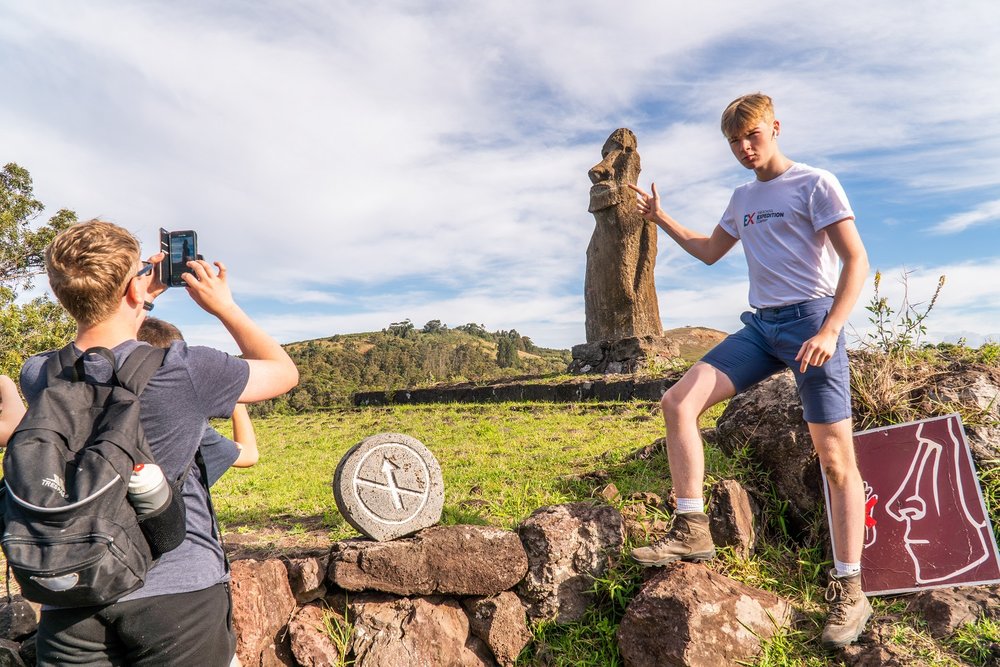 scholars of the group visiting the moai site in Eastern Island