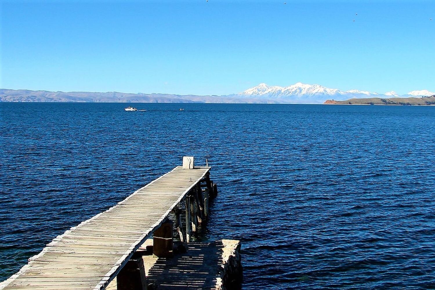  A view of Lake Titicaca with the Sun Island and Cordillera Real in the background. Bolivia 