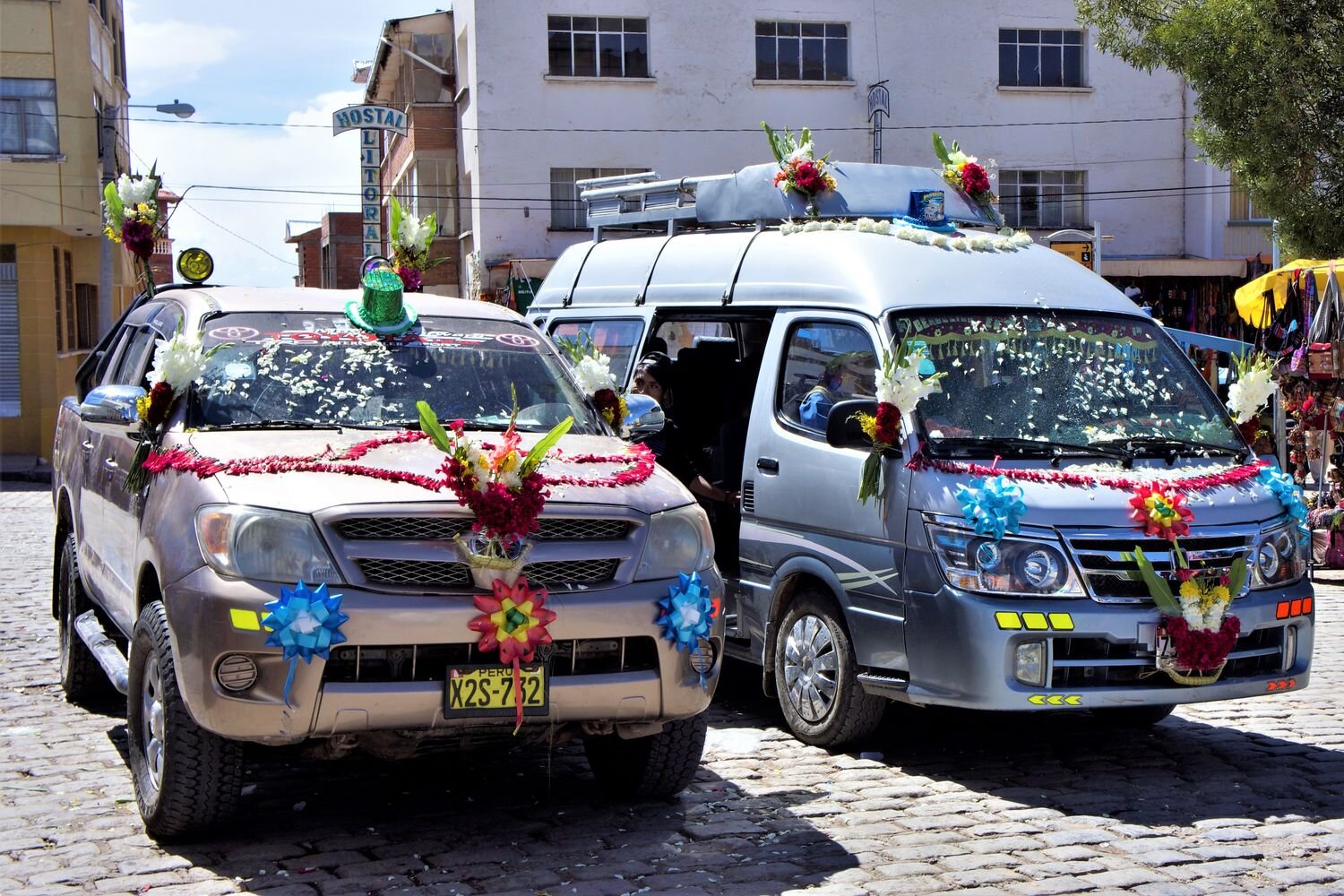  Ornamented vehicles for a religious celebration in Copacabana. Bolivia. 