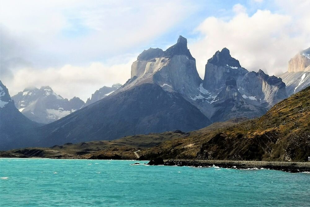  A view of Cuernos del Paine, from Lake  Pehue.Torres del Paine National Park. Chile 