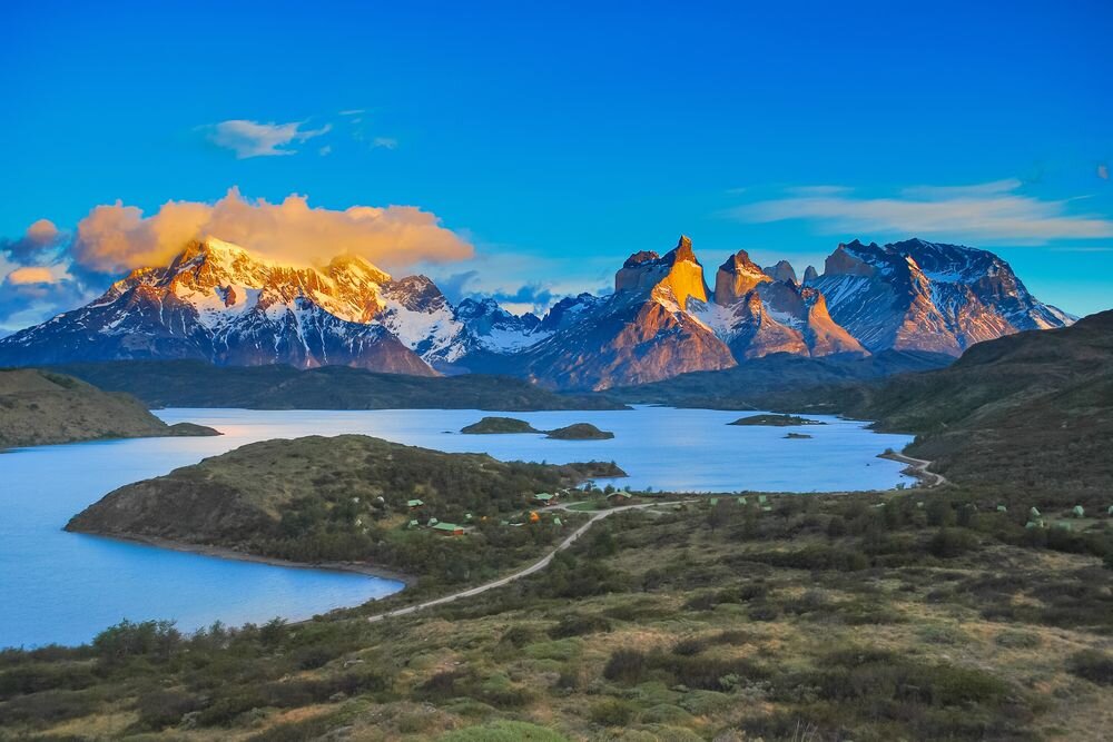  A view of  Lake Pehue and Tores del Paine Massif. Chilean Patagonia. 