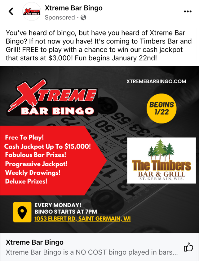 Xtreme Bar Bingo @ The Timbers Bar and Grill Every Monday Night @7pm