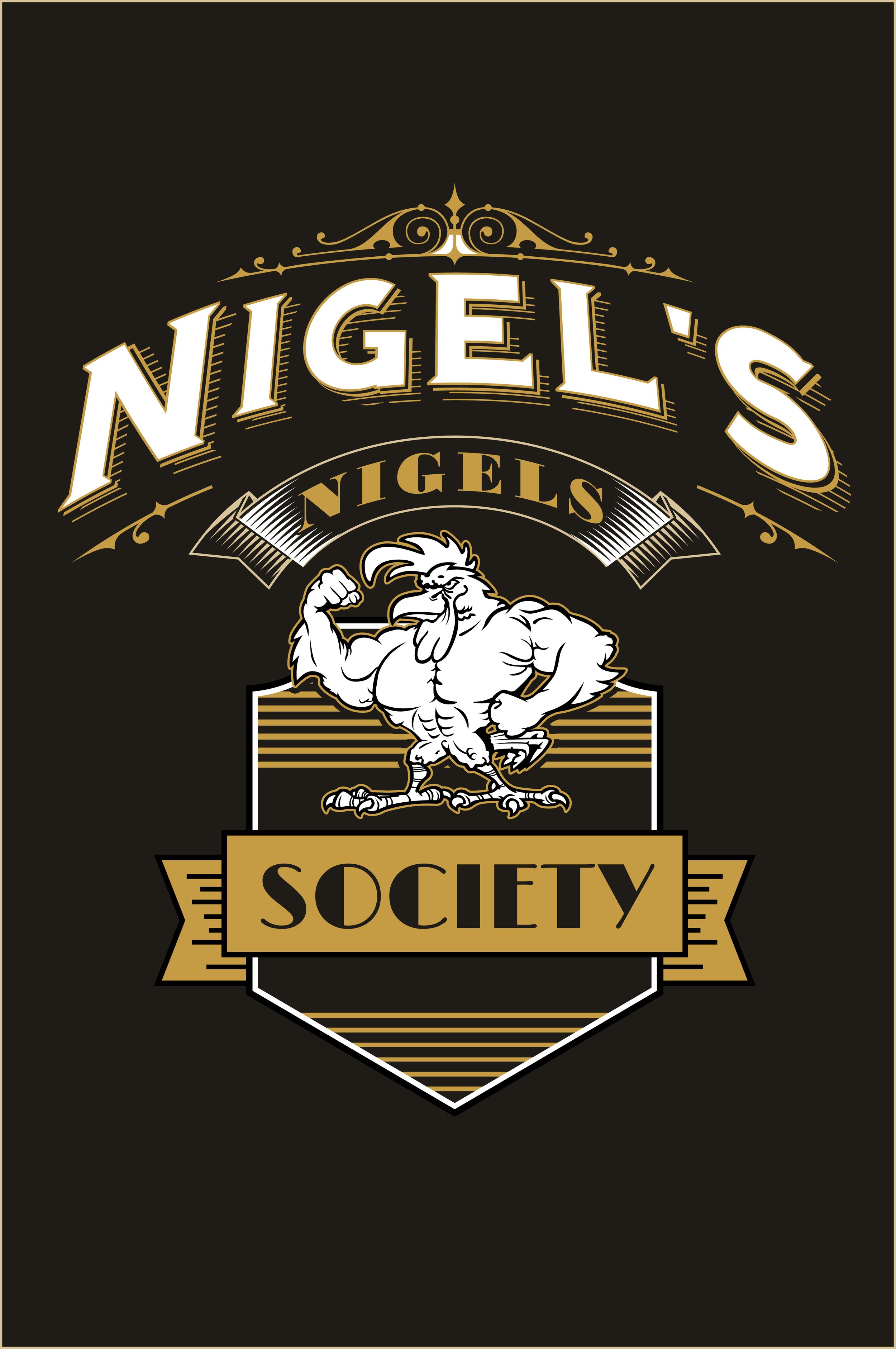 Logo for Nigel's Society featuring a muscular, anthropomorphic rooster with a raised fist, with the words 'Nigel's Society' in bold stylized font.
