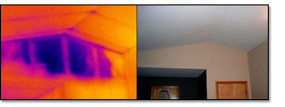 Above left infrared image shows missing insulation invisible to the naked eye. Note the clearly visible wall studs and roof trusses in the IR half of the photo.