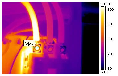 Infrared photo of an overheating wire, a fire hazard.