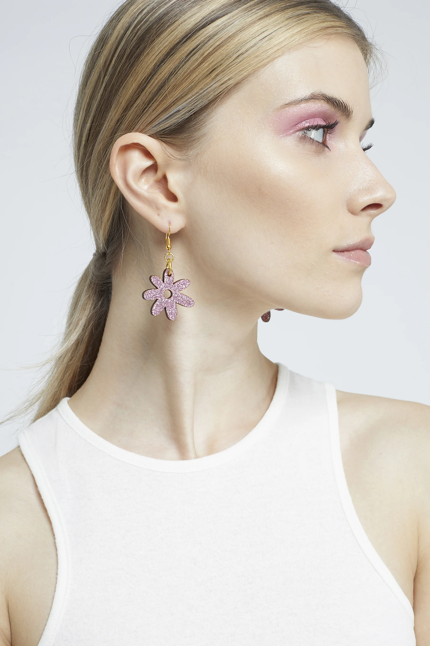 Glittery Flower Power Dangle Hook Earrings in Baby Pink