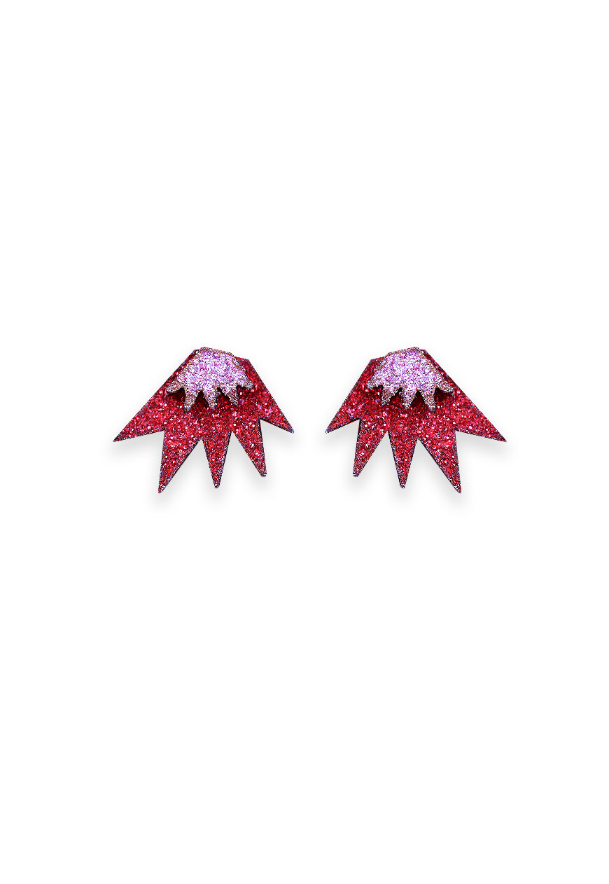 Glittery laser cut handmade quirky gifts Bang Bang mini stud earrings Red & Baby Pink Wooden sparkly earrings.