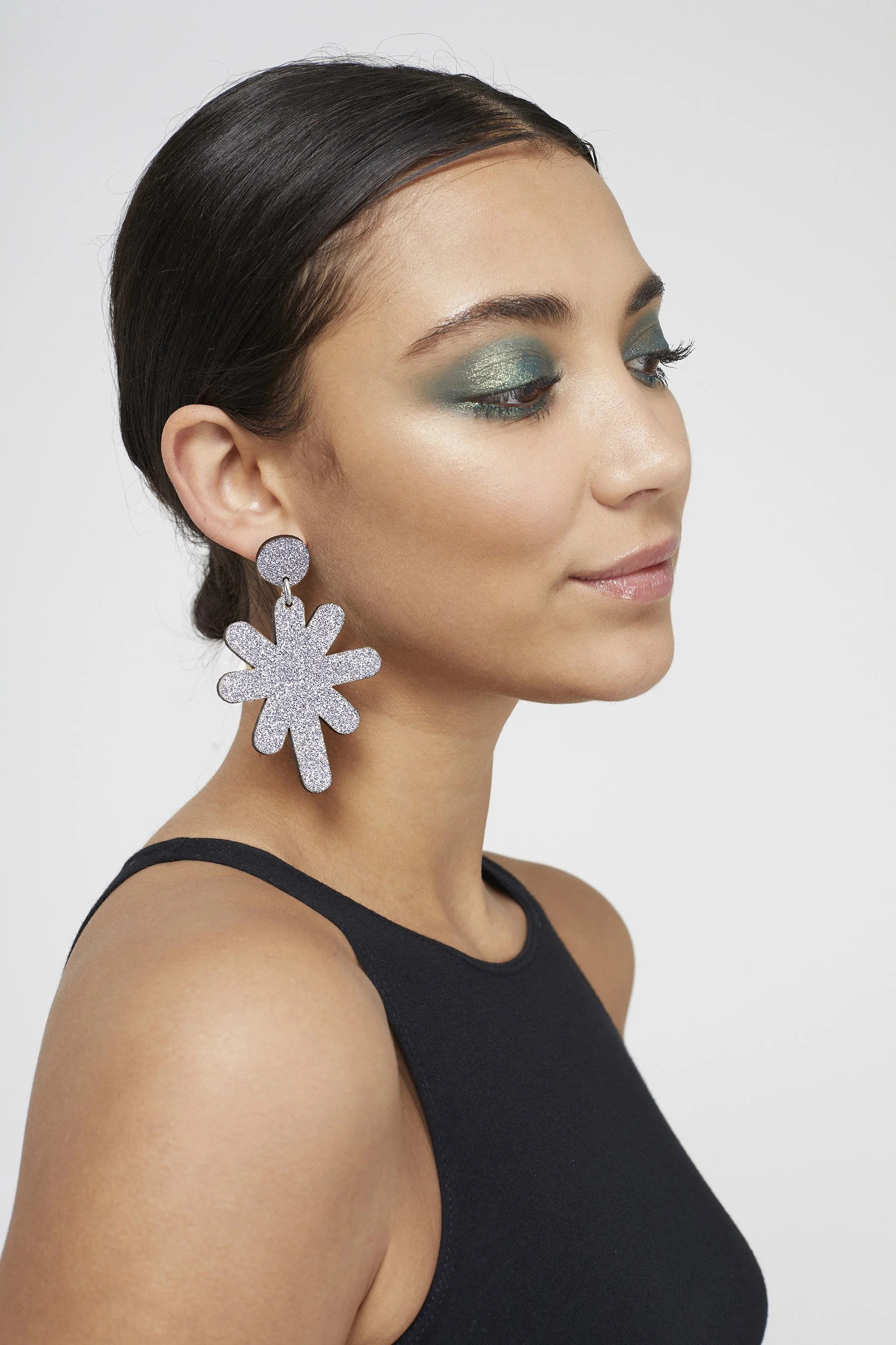 Magic stardust drop stud earring Silver Kam Creates wooden glitter earrings handmade laser cut London.jpg