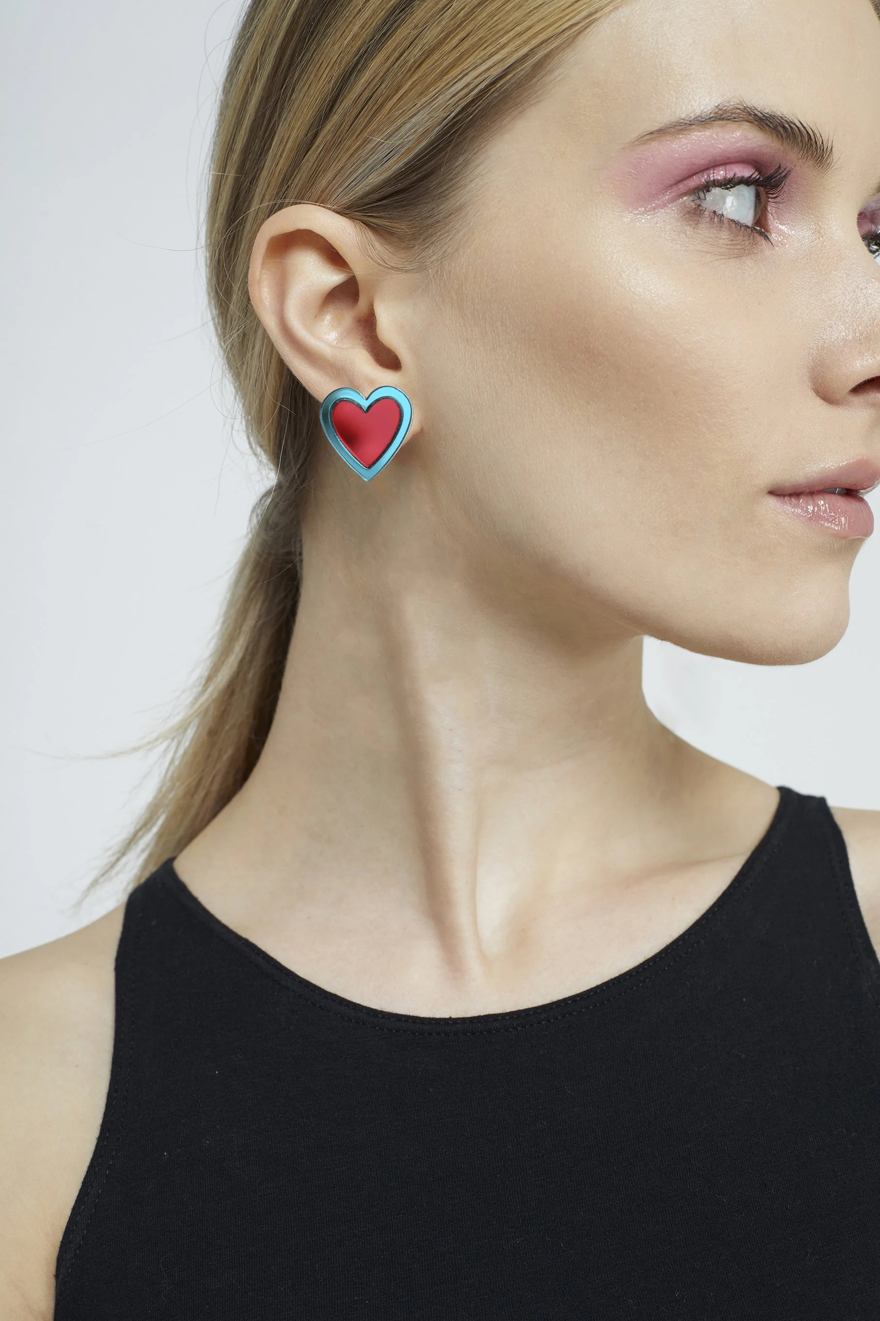 Kam Creates Acrylic Heart Studs - Teal Mirror + Red Mirror - Model shot.jpg
