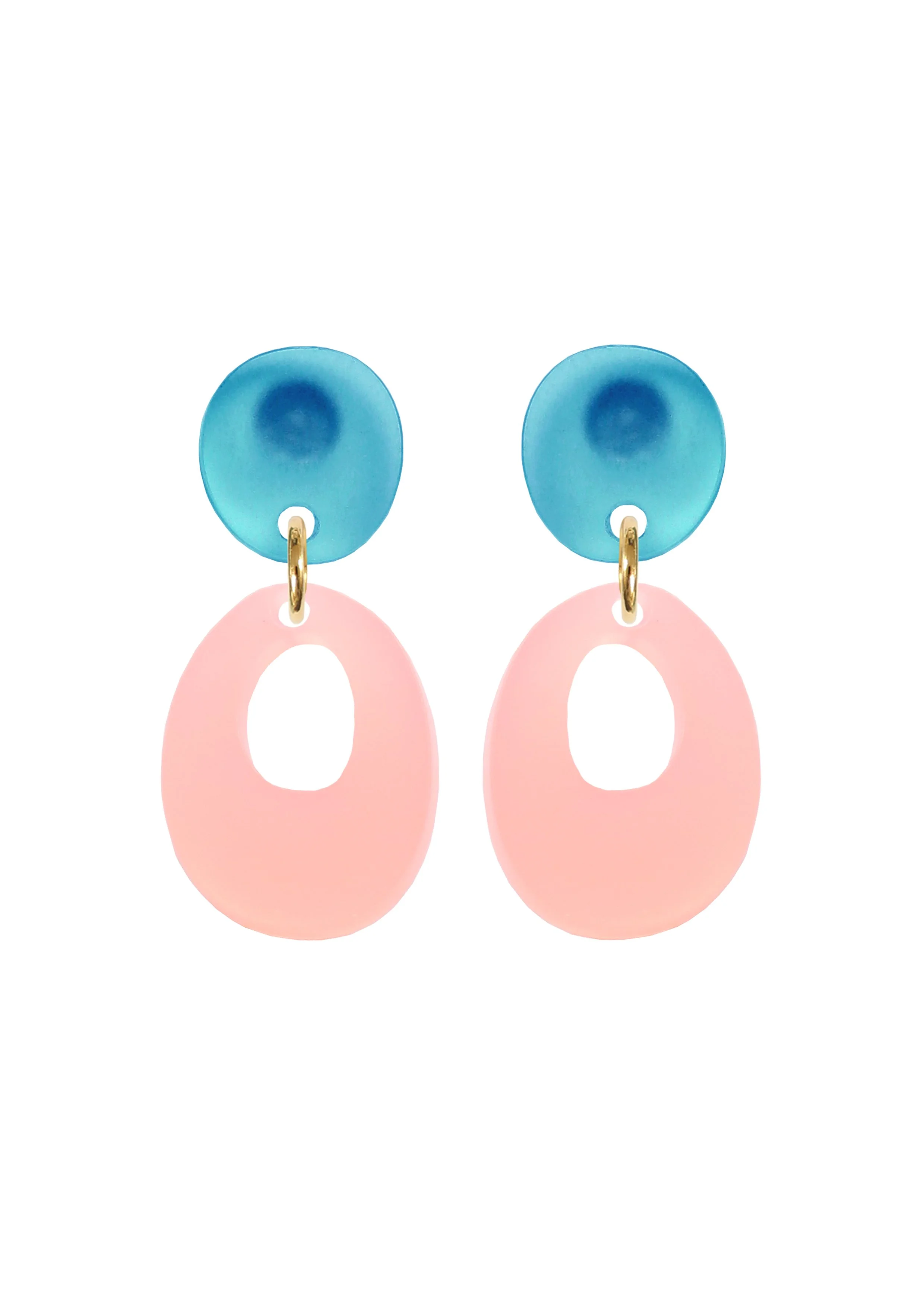 Kam Creates - Circle Dangle studs - Semi Opaque Acrylic Frost - Teal + Pink.jpg