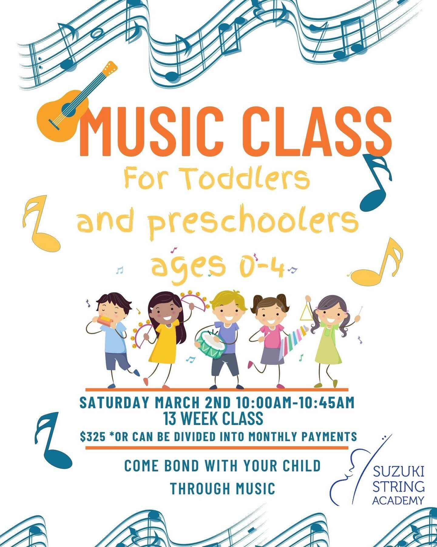 New class starting March 2nd! Toddler and Preschool Music and movement for ages 0-4. 
Come bond with your child through music. Starting music early has so many benefits mentally, physically and socially.

Register today at https://www.suzukistringaca