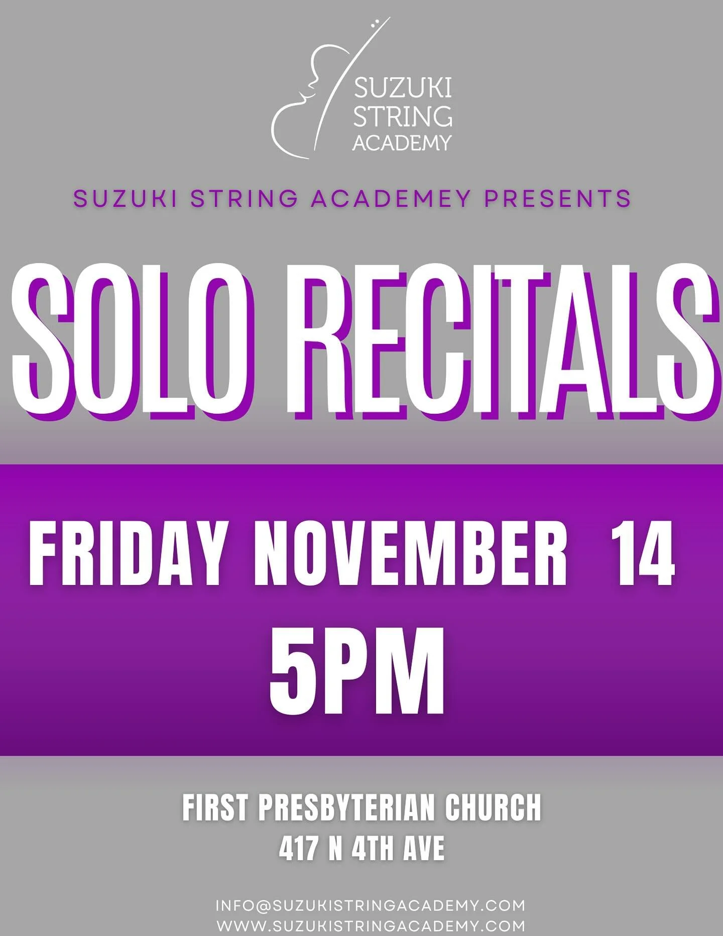 Looking forward to a fantastic recital this Friday! 5pm at First Presbyterian Church. The concert is FREE. 

This a wonderful showcase of all the hard work our students and parents have put in over the years. We are incredibly proud of the musical gr