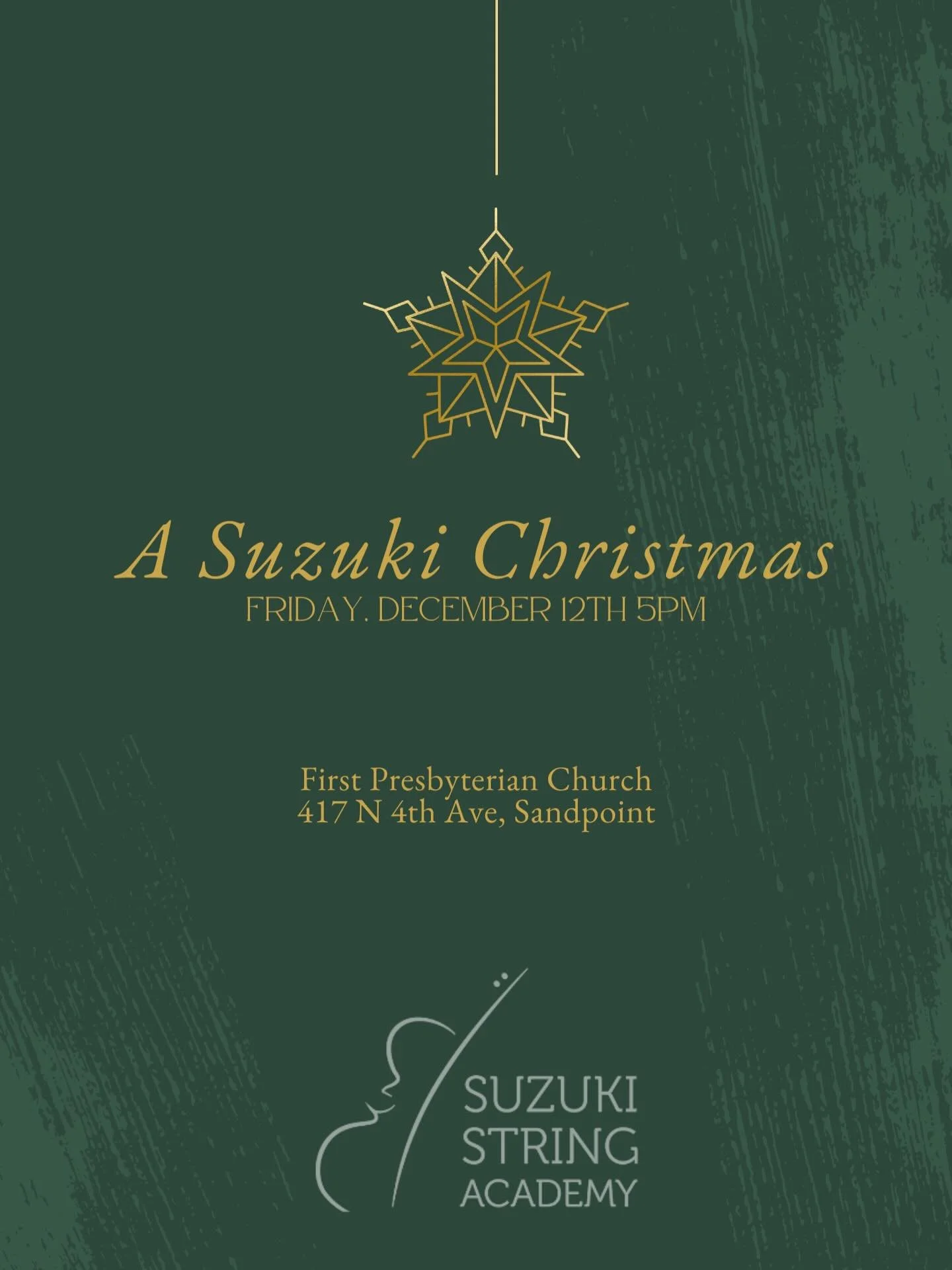 You&rsquo;re invited to a FREE Christmas concert. Fun for the whole family! Come enjoy a delightful evening of traditional holiday music presented by our Suzuki Violin students. They have been hard at work preparing to share the magic of the season t