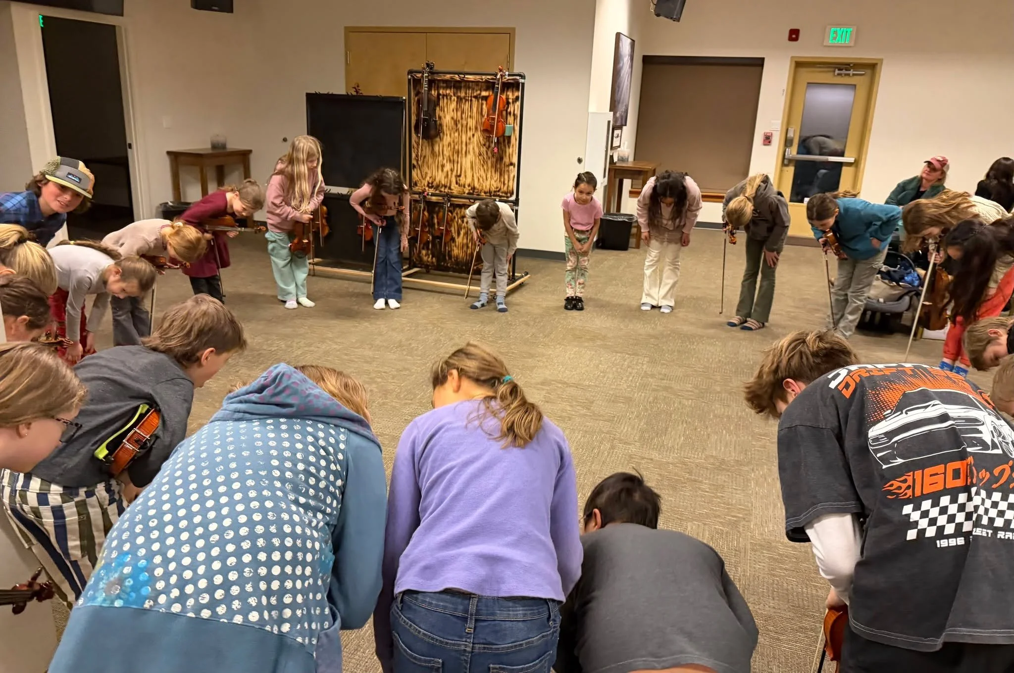 At Suzuki String Academy, we practice bowing in group class every week.

Before and after each class and lesson, students bow to show respect for their teacher, their classmates, themselves, and the music. 

It&rsquo;s a consistent part of our routin