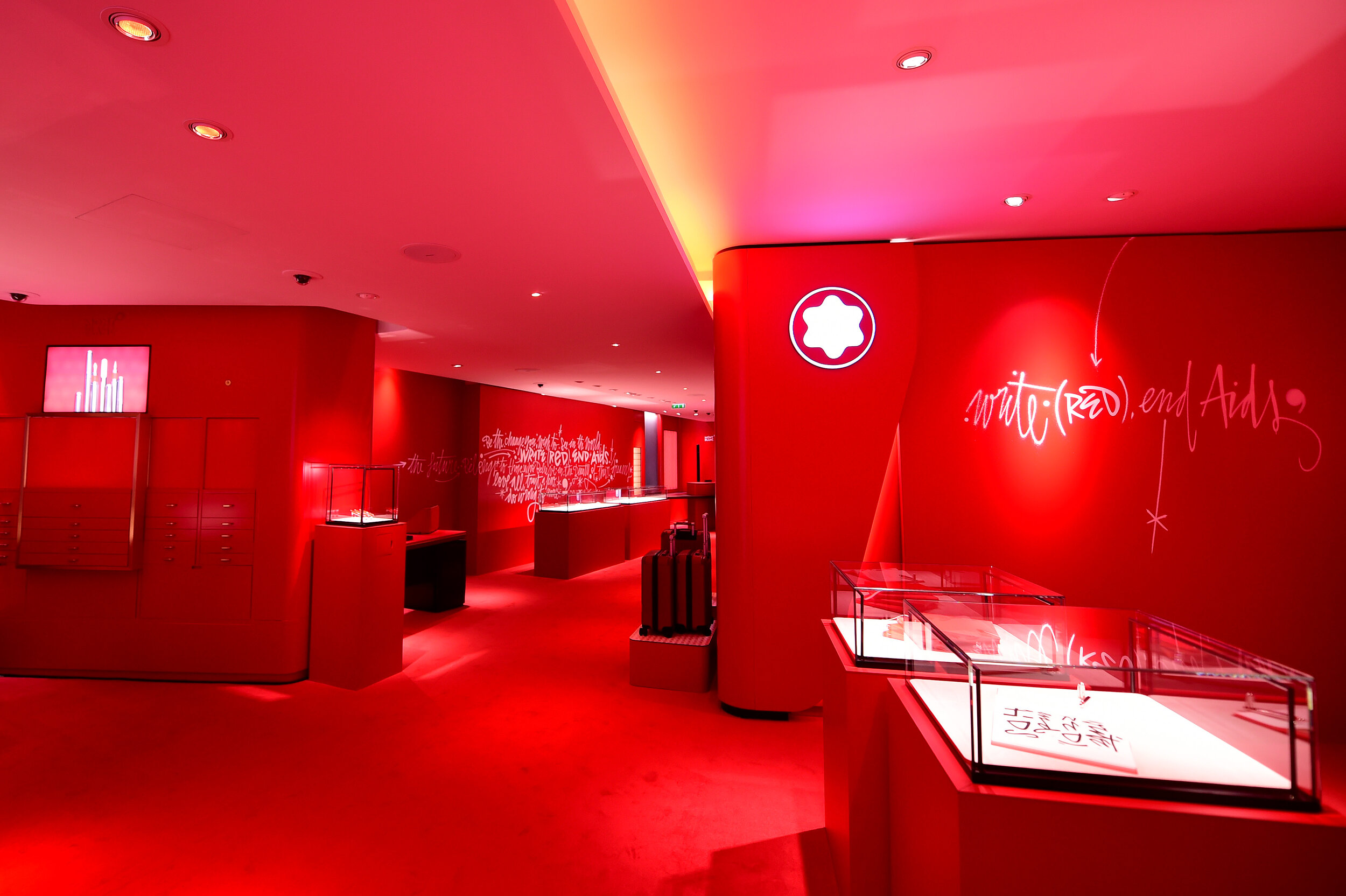  PARIS, FRANCE - OCTOBER 08: Interior of the boutique during the Montblanc: (Red)Launch event cocktail at the Boutique Champs-Elysees on October 08, 2019 in Paris, France. (Photo by Anthony Ghnassia/Getty Images For Montblanc) 