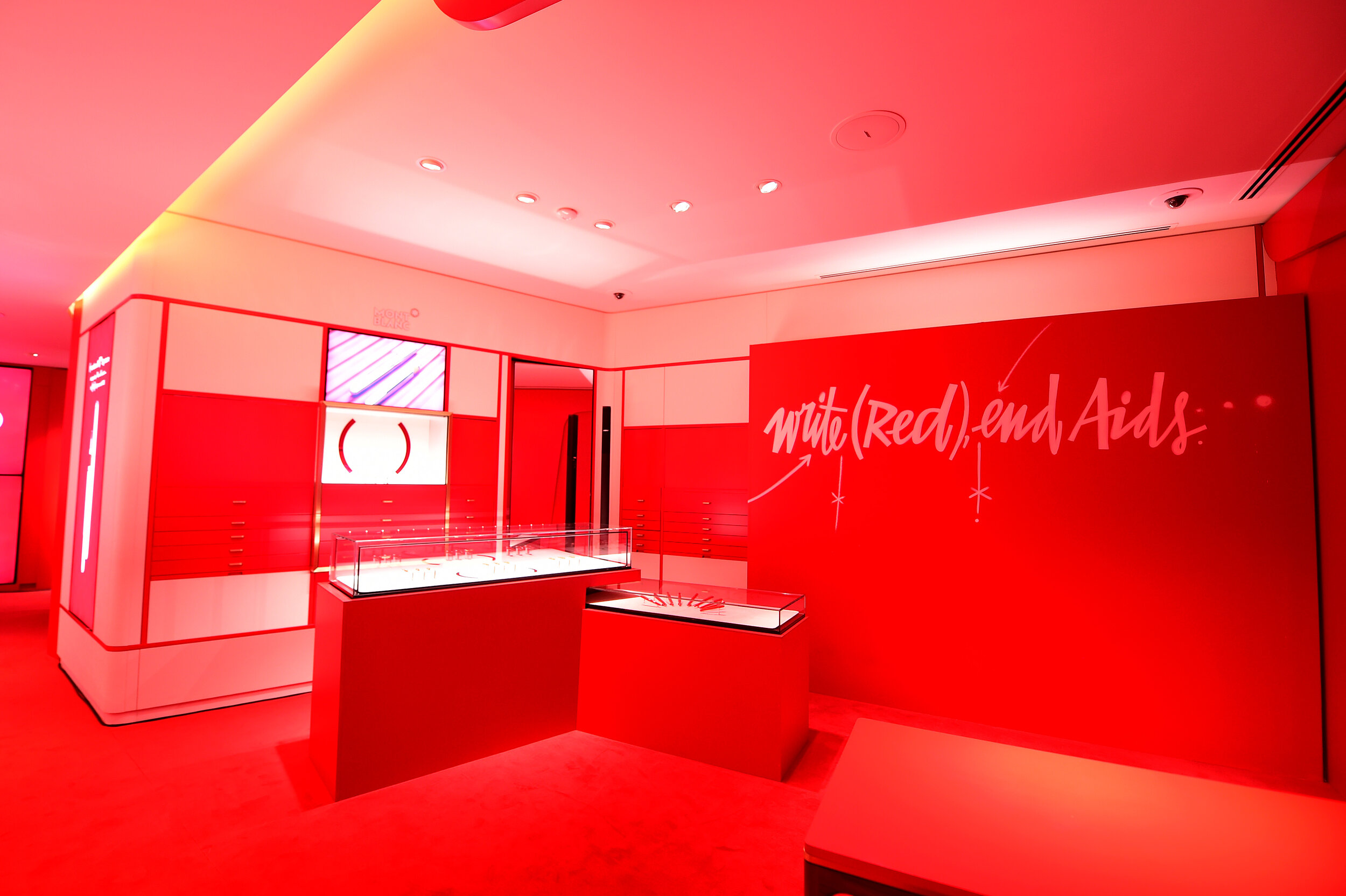  PARIS, FRANCE - OCTOBER 08: Interior of the boutique during the Montblanc: (Red)Launch event cocktail at the Boutique Champs-Elysees on October 08, 2019 in Paris, France. (Photo by Anthony Ghnassia/Getty Images For Montblanc) 