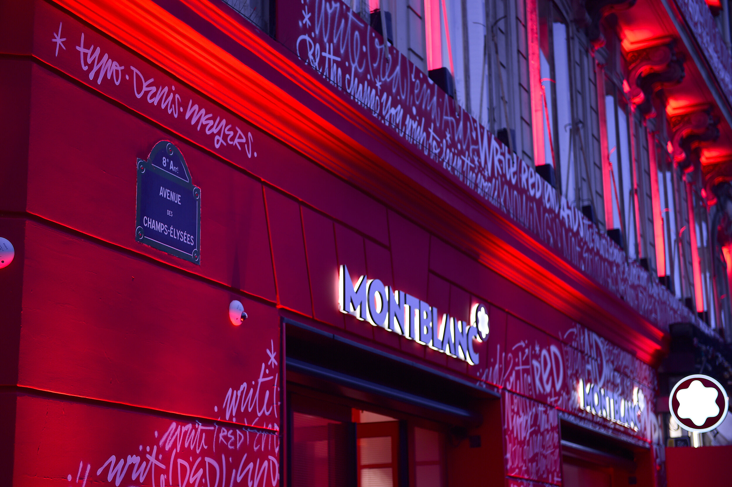  PARIS, FRANCE - OCTOBER 08: Exterior of the boutique during the Montblanc: (Red)Launch event cocktail at the Boutique Champs-Elysees on October 08, 2019 in Paris, France. (Photo by Anthony Ghnassia/Getty Images For Montblanc) 