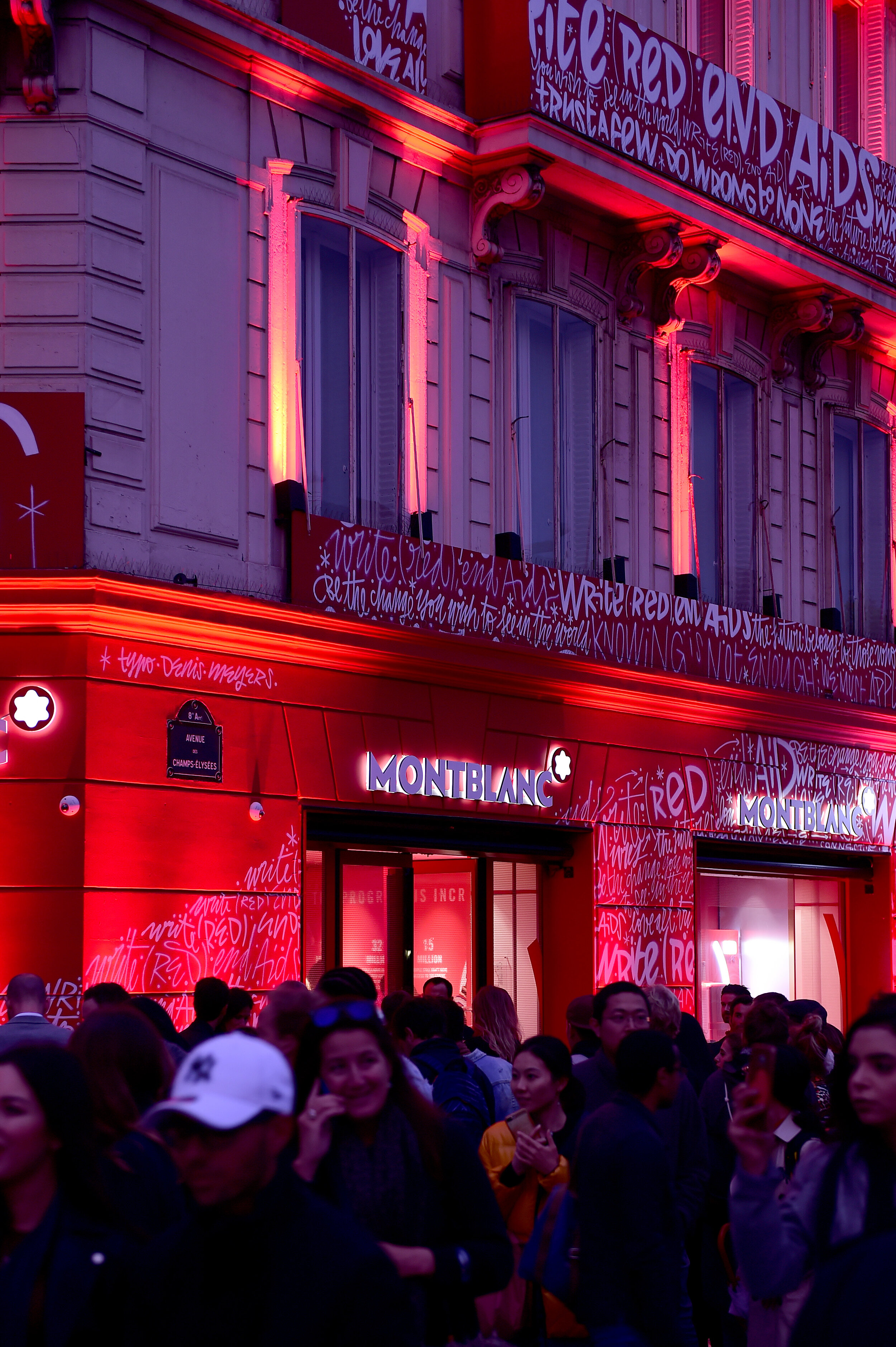  PARIS, FRANCE - OCTOBER 08: Exterior of the boutique during the Montblanc: (Red)Launch event cocktail at the Boutique Champs-Elysees on October 08, 2019 in Paris, France. (Photo by Anthony Ghnassia/Getty Images For Montblanc) 