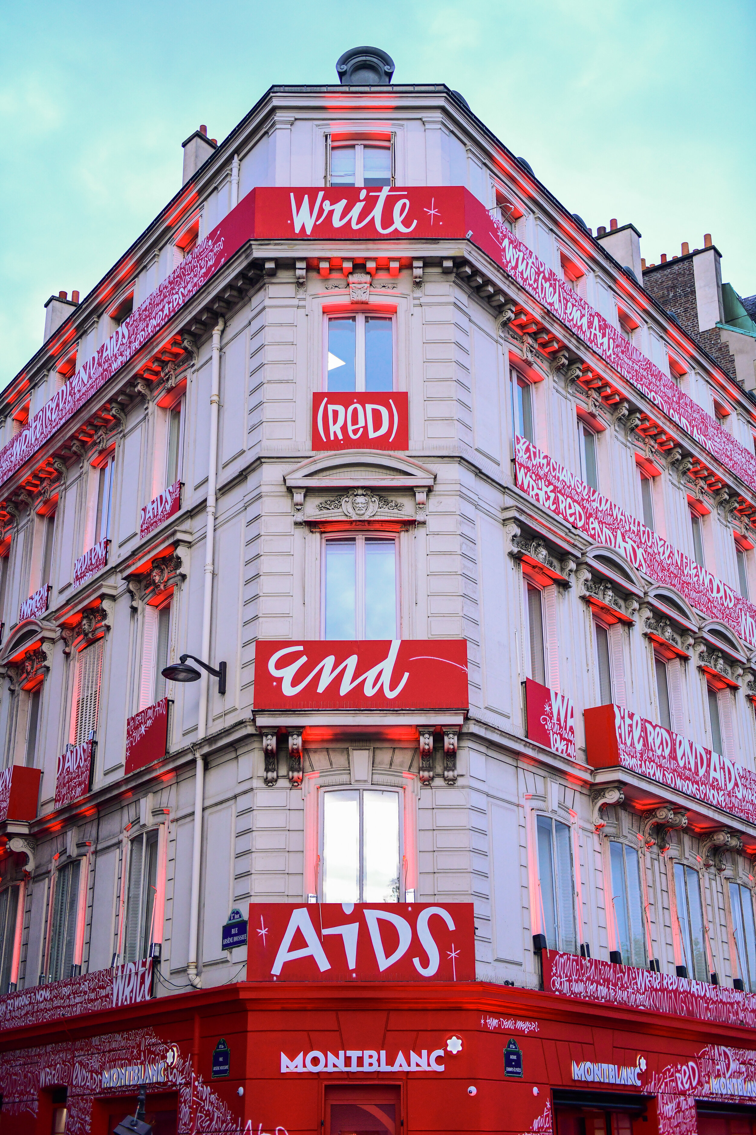  PARIS, FRANCE - OCTOBER 08: Exterior of the boutique during the Montblanc: (Red)Launch event cocktail at the Boutique Champs-Elysees on October 08, 2019 in Paris, France. (Photo by Anthony Ghnassia/Getty Images For Montblanc) 