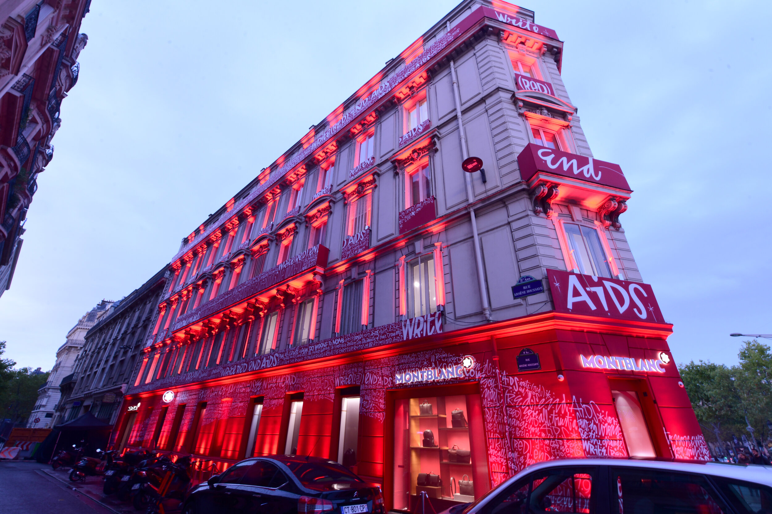  PARIS, FRANCE - OCTOBER 08: Exterior of the boutique during the Montblanc: (Red)Launch event cocktail at the Boutique Champs-Elysees on October 08, 2019 in Paris, France. (Photo by Anthony Ghnassia/Getty Images For Montblanc) 