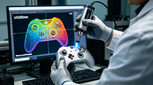 Close-up, realistic shot of an engineer's gloved hand using a CMM to inspect a gaming controller shell, with "Micron-Level Precision ±0.025mm" displayed on the screen.