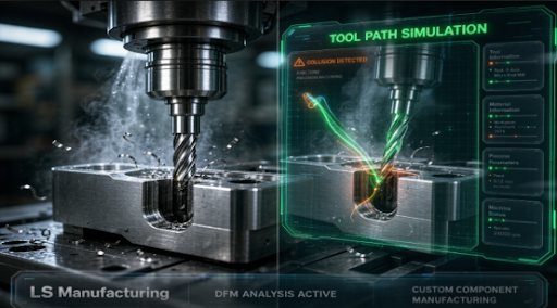 Close-up of 5-axis CNC machine cutting deep narrow cavity in miniature wearable hardware component, alongside digital twin DFM simulation interface showing tool path collision detection.