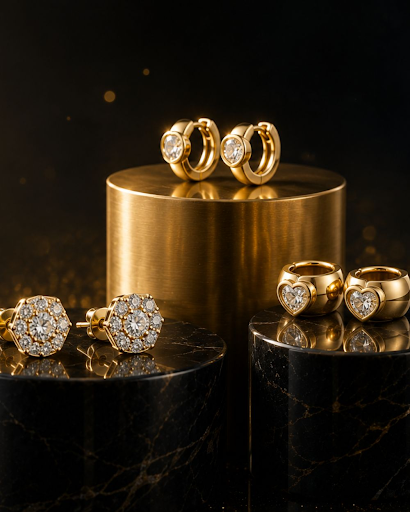Luxury yellow gold diamond stud, hoop, and heart earrings displayed on black marble pedestals.